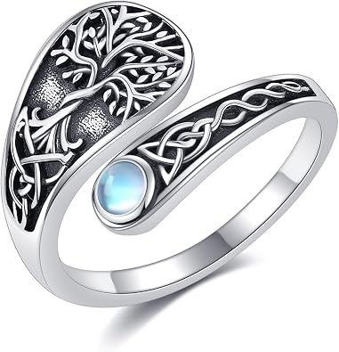 Tree of Life Ring 925 Sterling Silver Tree of Life Adjustable Thumb Open Ring Moonstone Jewelry Mothers Gift for Women Mom Grandma