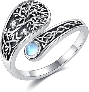 Flower Ring 925 Sterling Silver Rose/Lotus/Tree of Life Adjustable Thumb Open Ring Black Tourmaline Floral Jewelry Mothers Gifts for Women Mom Grandma