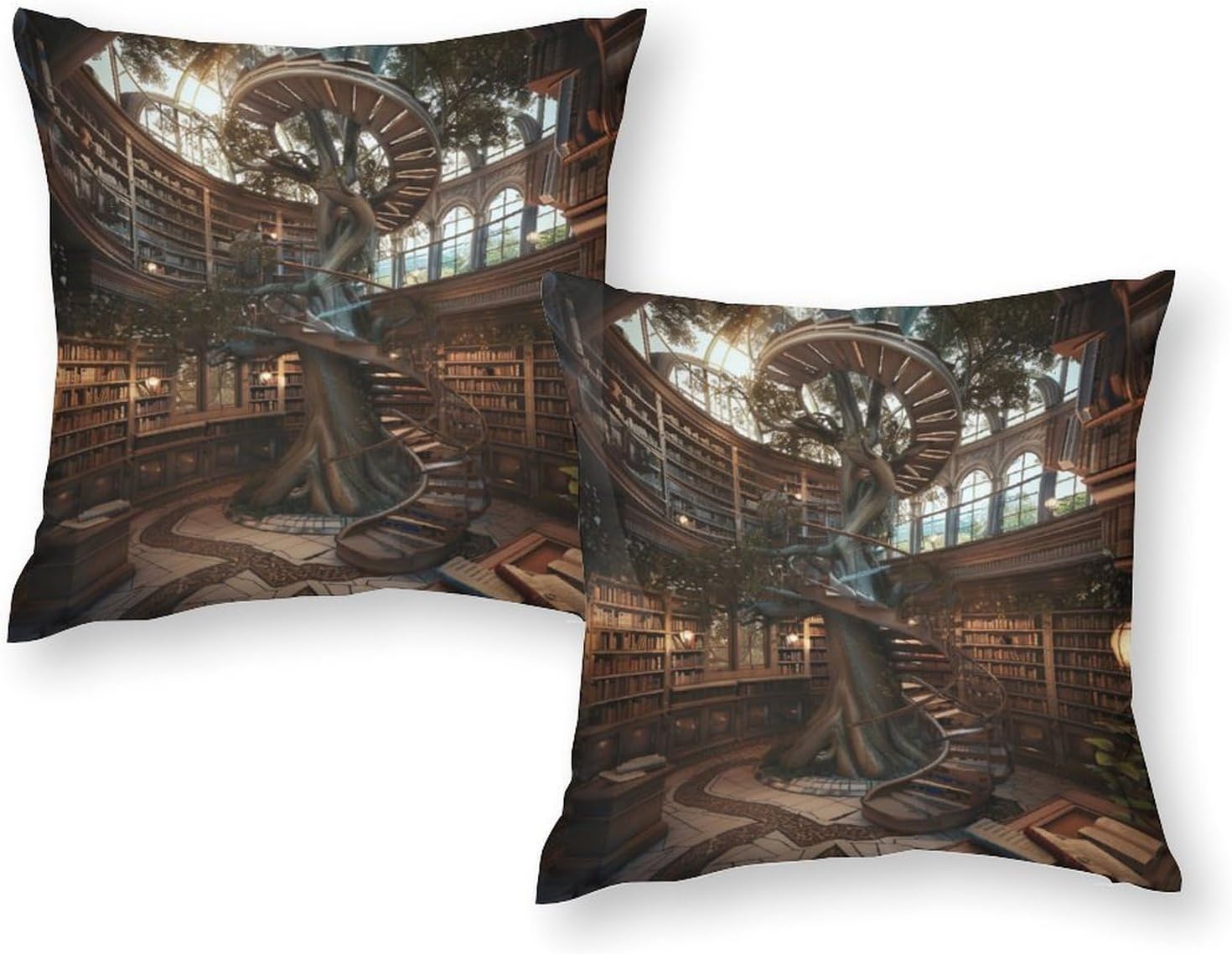 2 Packs Fantasy Book Library Throw Pillow Covers for Living Room, Classic Bookshelf Tree Plants Ladder Pillow Covers Cushion Case for Couch Sofa Bed, 20x20 inch