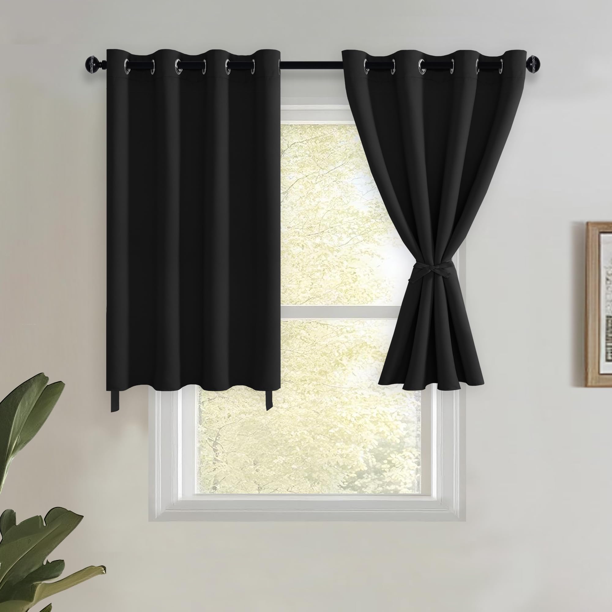 JIUZHEN Short Curtains Kitchen Half Window Blackout Curtains with Tiebacks for Baseroom Shadows, Grommet Curtains for Living Room, Set of 2 Window Curtain Panels, 52 x 30 Inch Length，Black