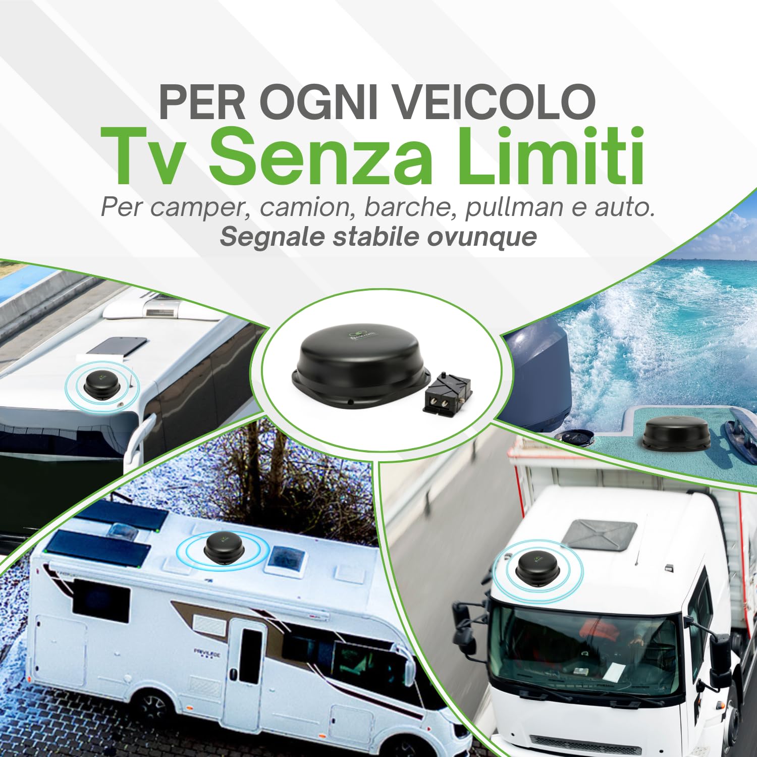 MOSCATELLI Antenna TV Camper Omnidirezionale DVB-T/T2 per Interno/Esterno – Antenna Camper 12/24/220V con Filtro LTE 4G – Kit Completo con Amplificatore Potente e Cavi Coassiali – Nero