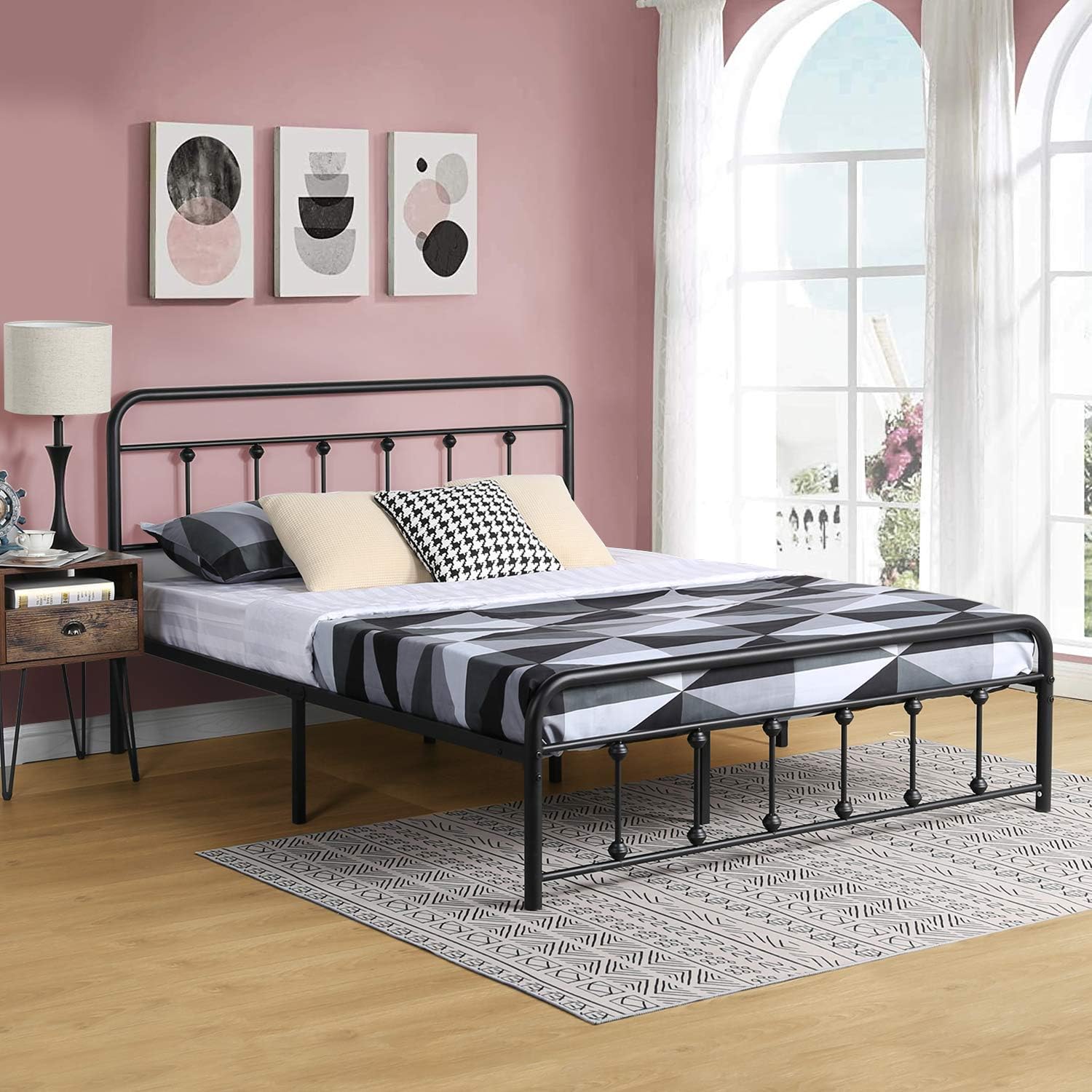Components of the VECELO Full Size Victorian Style Metal Bed Frame laid out before assembly.