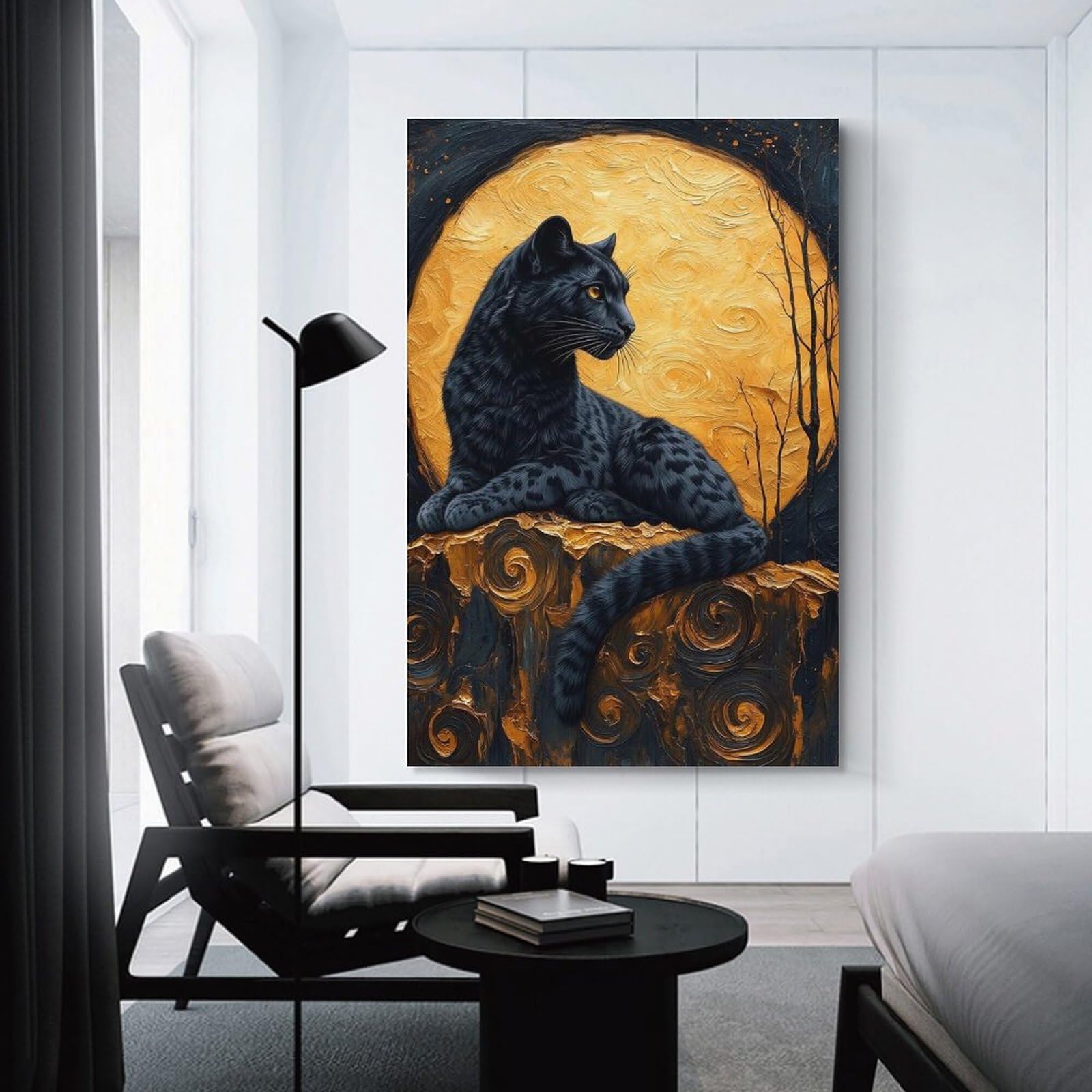 Junmoney Black Panther And Golden Moon Art Room Decor Wall Art, 20x30inch(50x75cm), for Front Hall, Corridor Or Welcome Spaces, A Neat Decor Update for Hallways