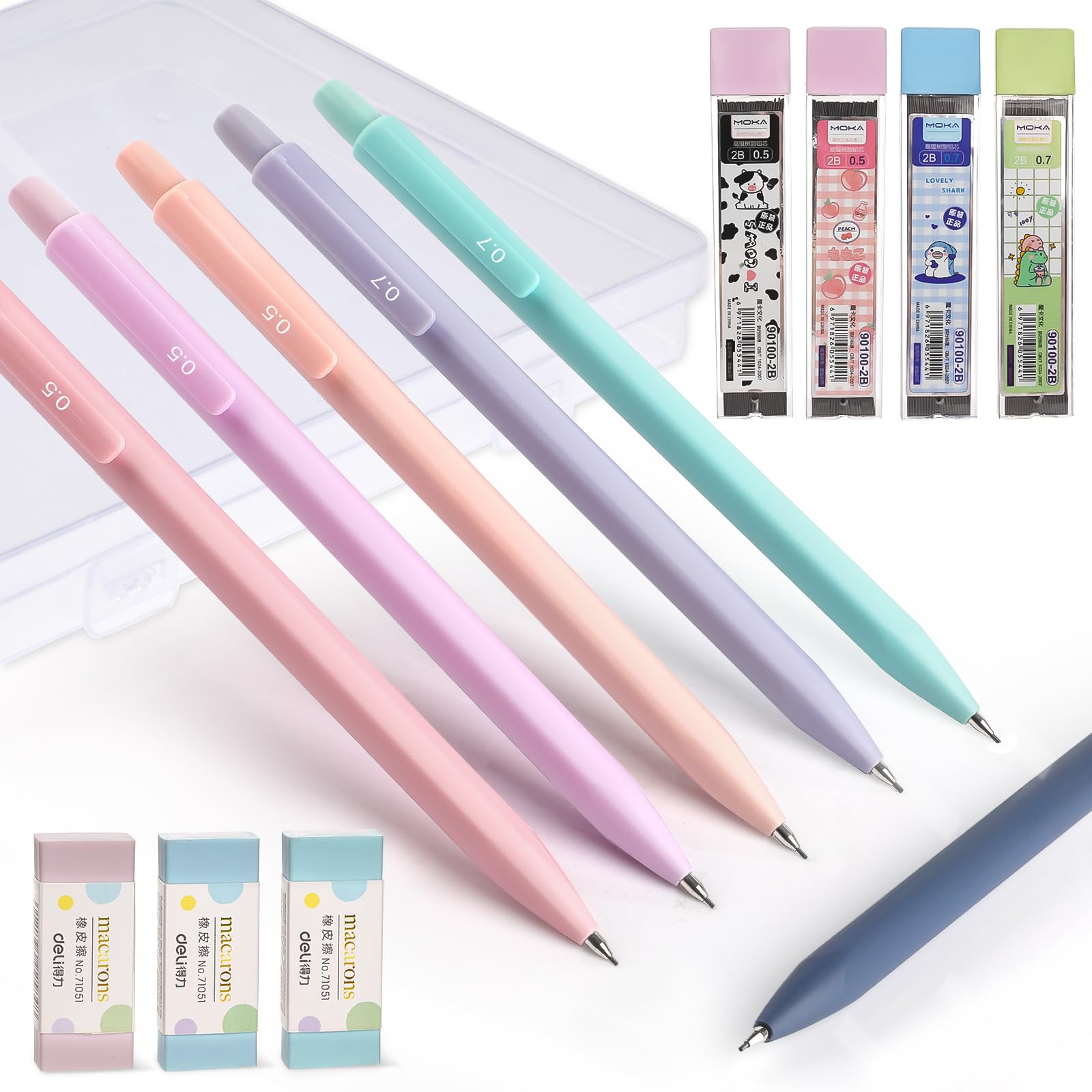 Mechanical Pencil Set, Automatic Retractable Pencils, 6 Pcs Propelling Pencils 0.5 & 0.7 mm with 400 Pcs 2B Lead Refills, 3 Pcs Eraser, Cute Mechanical Pencil for Student Writing, Sketching, Drawing