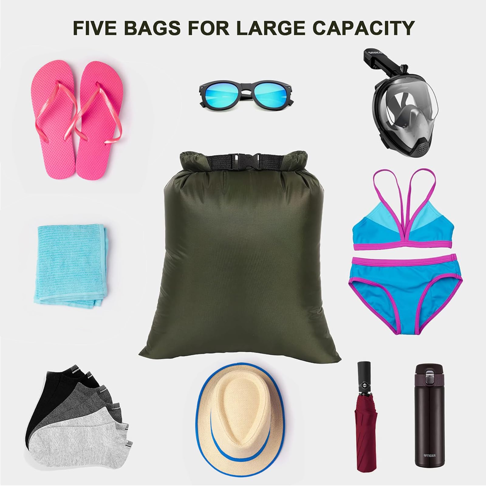 Sac Étanche Léger,5PCS Sac à Sec Imperméables,8L/5L/4L/3L/2L Sac Impermeable Etanche,Sacs de Rangement Plein Air Dry Bag,pour Kayak, Rafting, Navigation de Plaisance, Randonnée, Camping (Coloré)