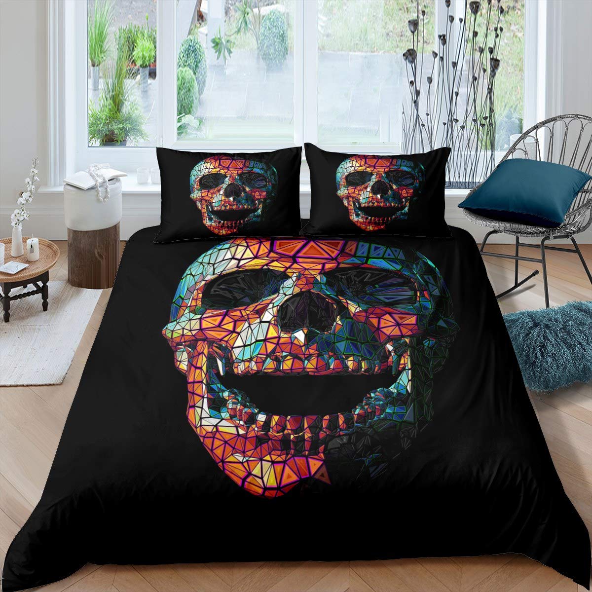 AILONEN Piumino Matrimoniale Teschio Di Fuoco 3D - Morbida Federa In Microfibra, Set Letto Scheletro Fiammeggiante Per Camera Uomo (170x215 Cm + Federe) - 5