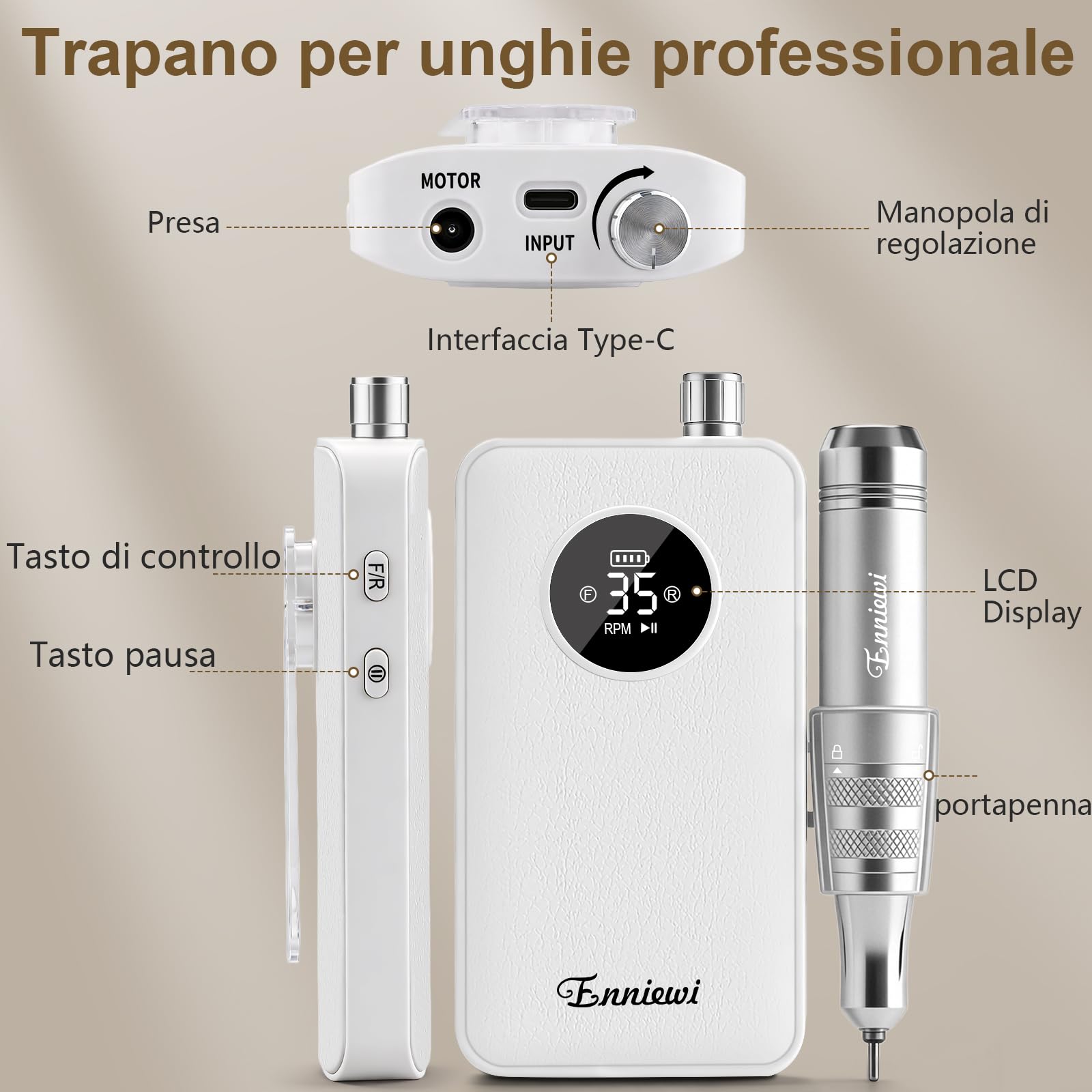 Fresa per Unghie Professionale 35000RPM per Unghie in Gel, Trapano Elettrico Ricaricabile con Display LED, Portatile, Kit Professionale per Manicure e Pedicure per Casa e Salone, 48W, Bianco