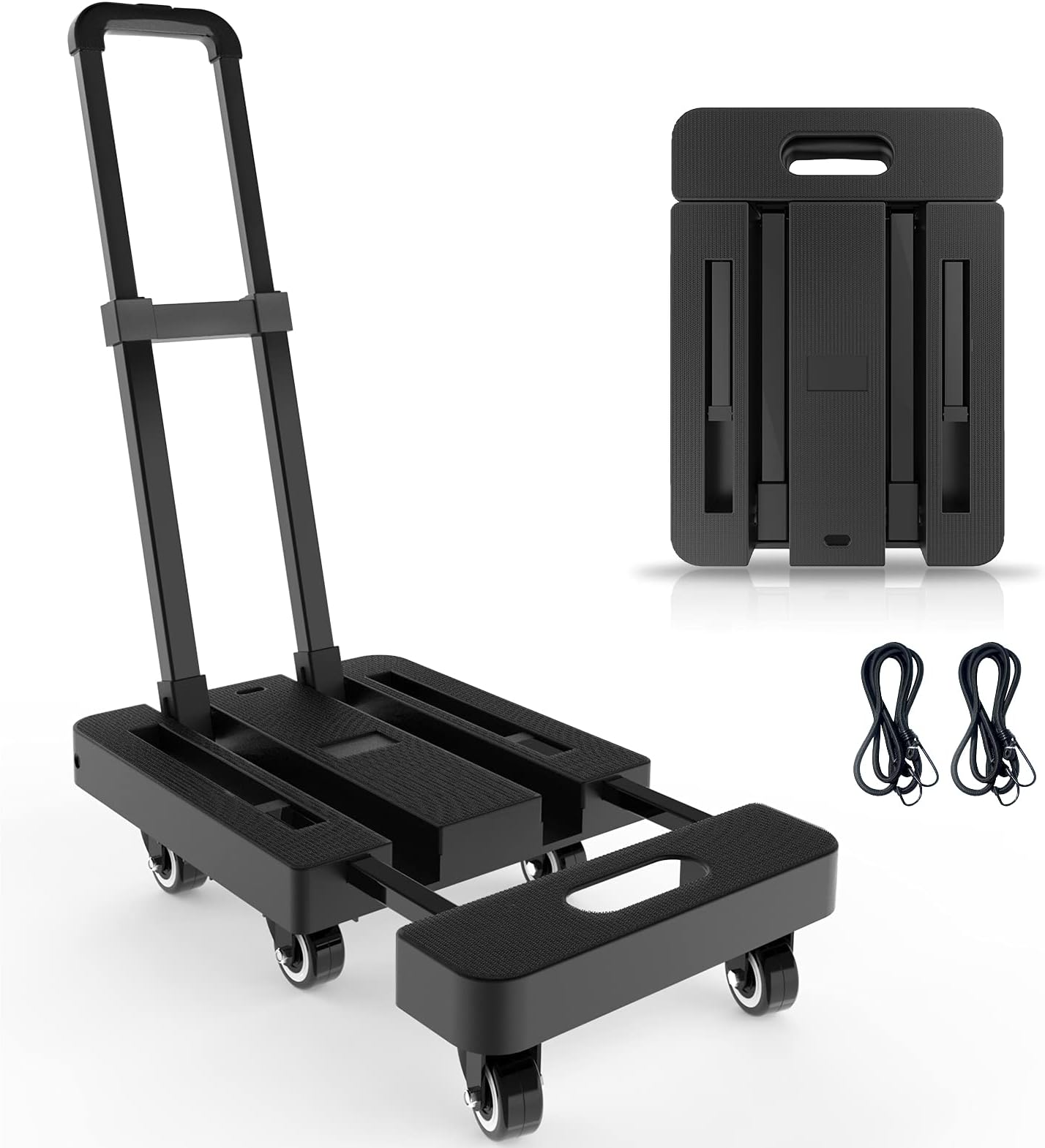 SOLEJAZZFolding Hand Truck Portable Dolly for Moving, 500LB Luggage Cart Dolly with 6 Wheels & 2 Bungee Cords for Travel, Moving, Shopping Use, Black