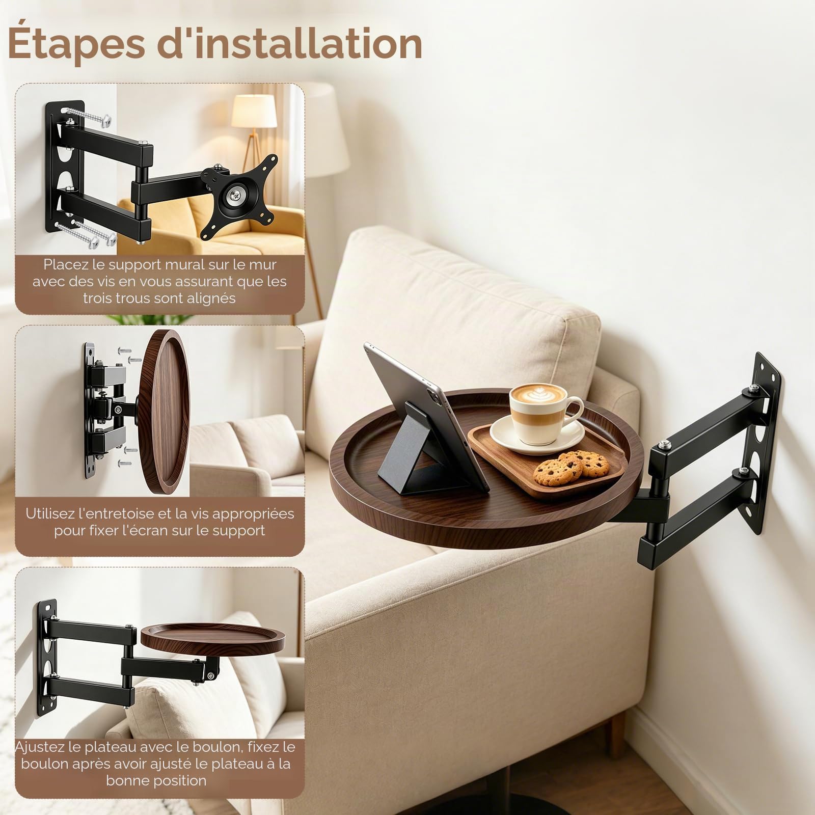 Table Murale Pliante, Petite Table Murale Rabattable Bureau Rond De 30 Cm Pivotant à 180 ° De DiamèTre Pliable Extensible De Chevet Suspendue Gain De Place pour Chambre, Salon, Balcon (A)