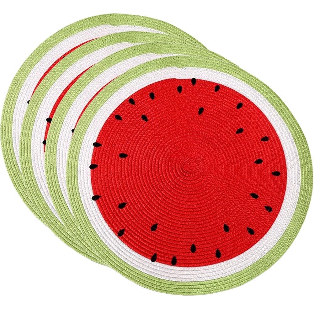 SCF2017 Round Woven Plastic Placemats 38cm Stylish and Practical Dining Table Mats,Set of 4,Watermelon
