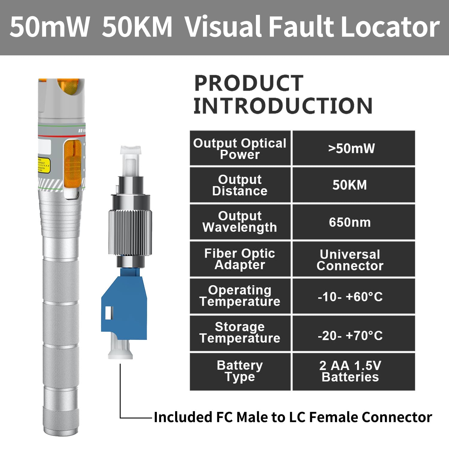 50-km-Glasfaser-Visueller Fehlerlokalisierer mit FC/LC-Adapter-Kit, VFL inklusive Singlemode 9/125 µm FC-Stecker auf LC-Buchse, Glasfaser-Lichtstift für CATV-Telekommunikations- und Wartungsarbeiten