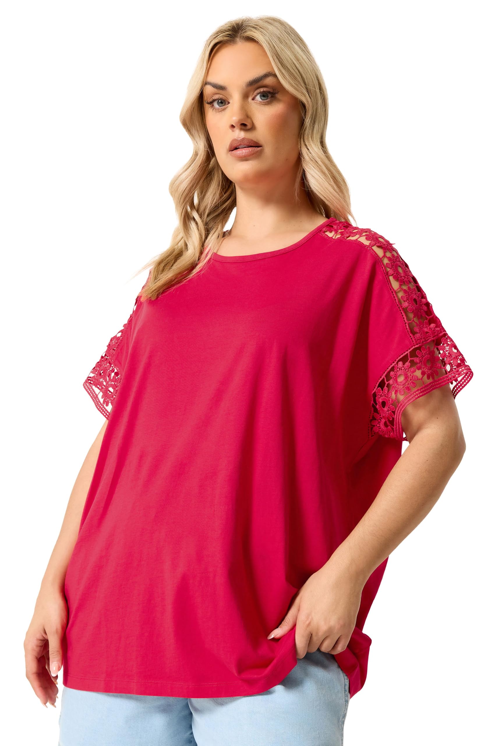 Yours Women's Fuchsia Crochet Sleeve Boxy T-Shirt In | Size: 26/28