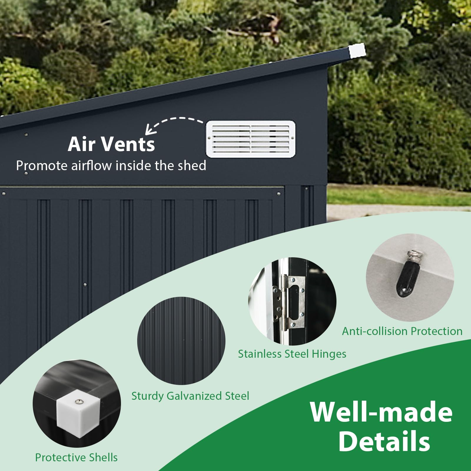 GOPLUS Abri de Jardin en Acier Galvanisé 5,3 M³, 235 x 174 x 197 CM, Cabane de Jardin Exterieur avec 3 Portes, Toit Incliné, Serrure et Clés, Rangement Extérieur avec Gant, pour Cour, Patio et Pelouse
