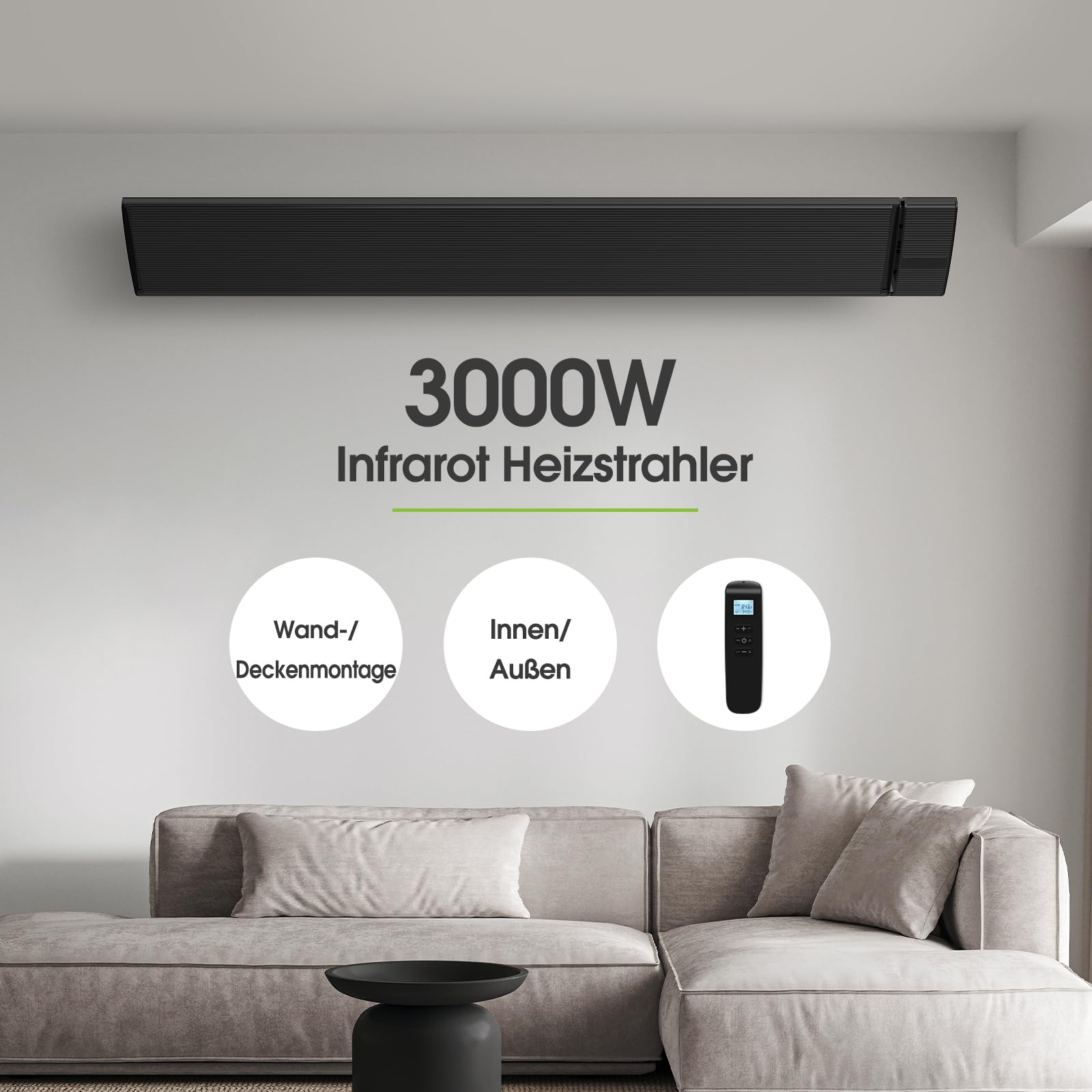 Radiador infrarrojo, 2800W, con termostato, calefacción eléctrica con control de aplicación WiFi, mando a distancia, para montaje en pared y techo, terraza y jardín