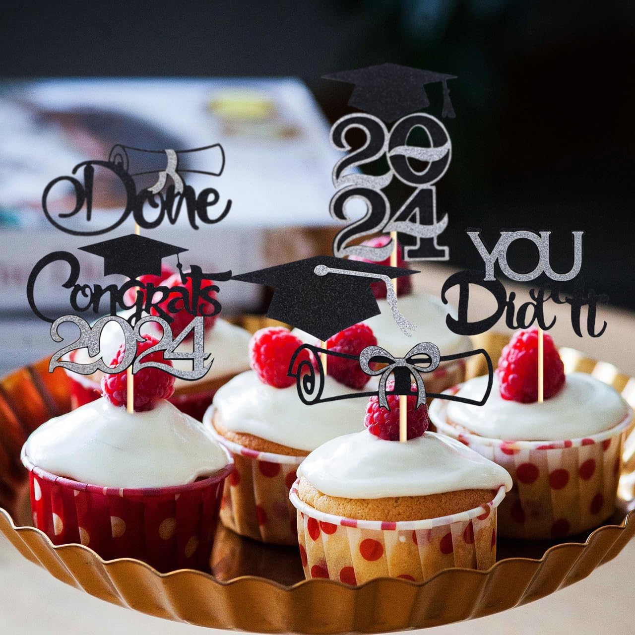 24Pcs Graduation Cupcake Toppers 2024 Silver Glitter Congrats 2024 Grad Cap You Did It Done Diploma Cupcake Picks Cake Decorations for Graduation Theme Party Decorations Supplies