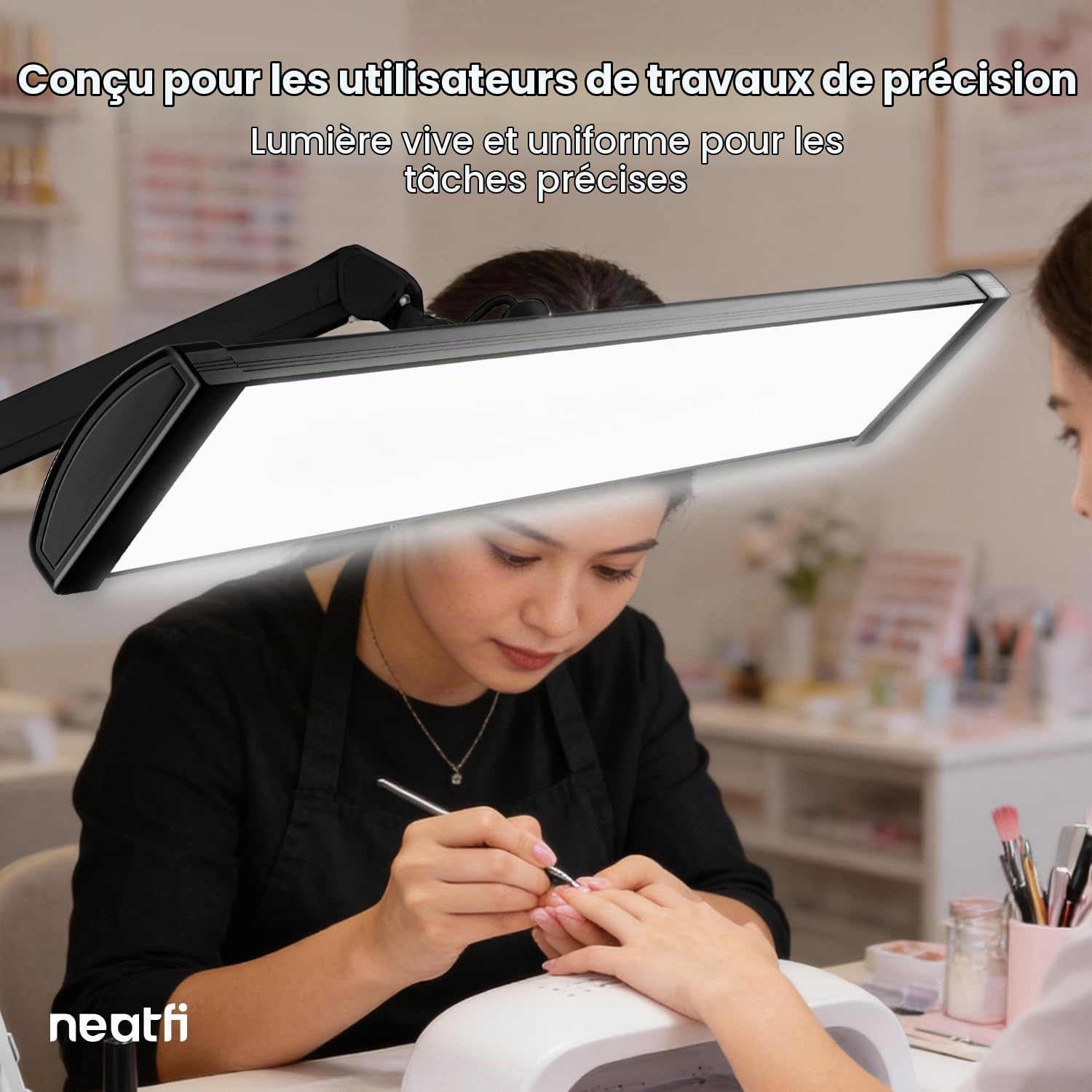 Neatfi Ultra Lampe de bureau – 3 500 lumens, LED 45 W, abat-jour large de 66 cm, 5 niveaux de luminosité, fixation par pince, lumière sans ombre ni scintillement (Noir, Non-CCT avec Pince)