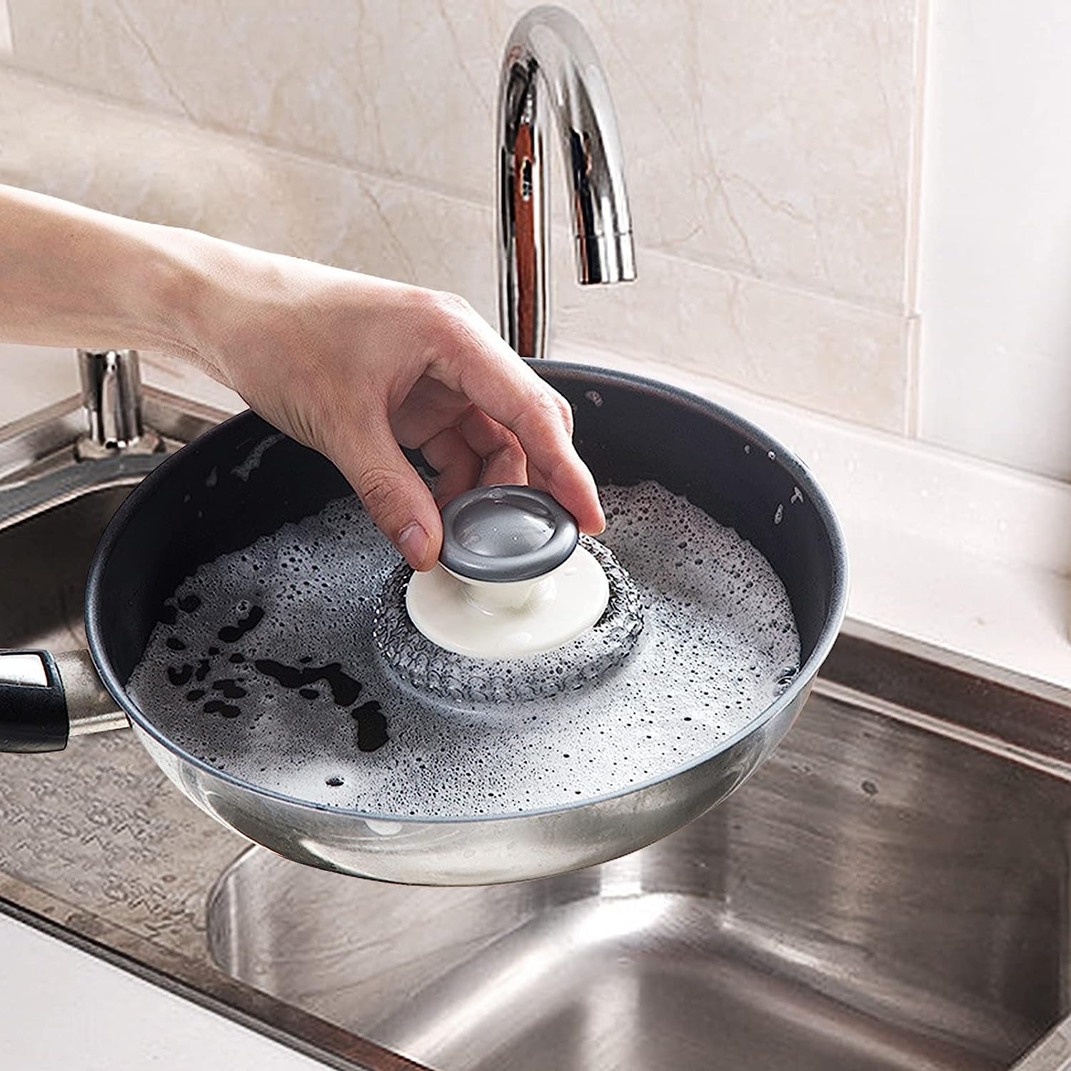 Stainless Steel Scrubber with Handle?Heavy Duty Cleaning Supplies for Pots, Pans, Grills, Ovens & Other Tough Jobs (1P)