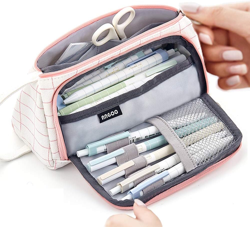 Large Capacity Pencil Case, Durable School Student Pen Organiser, Bag for Stationery, Make-Up or Cosmetics for Girls, 20 x 11 cm Kariertes Rosa