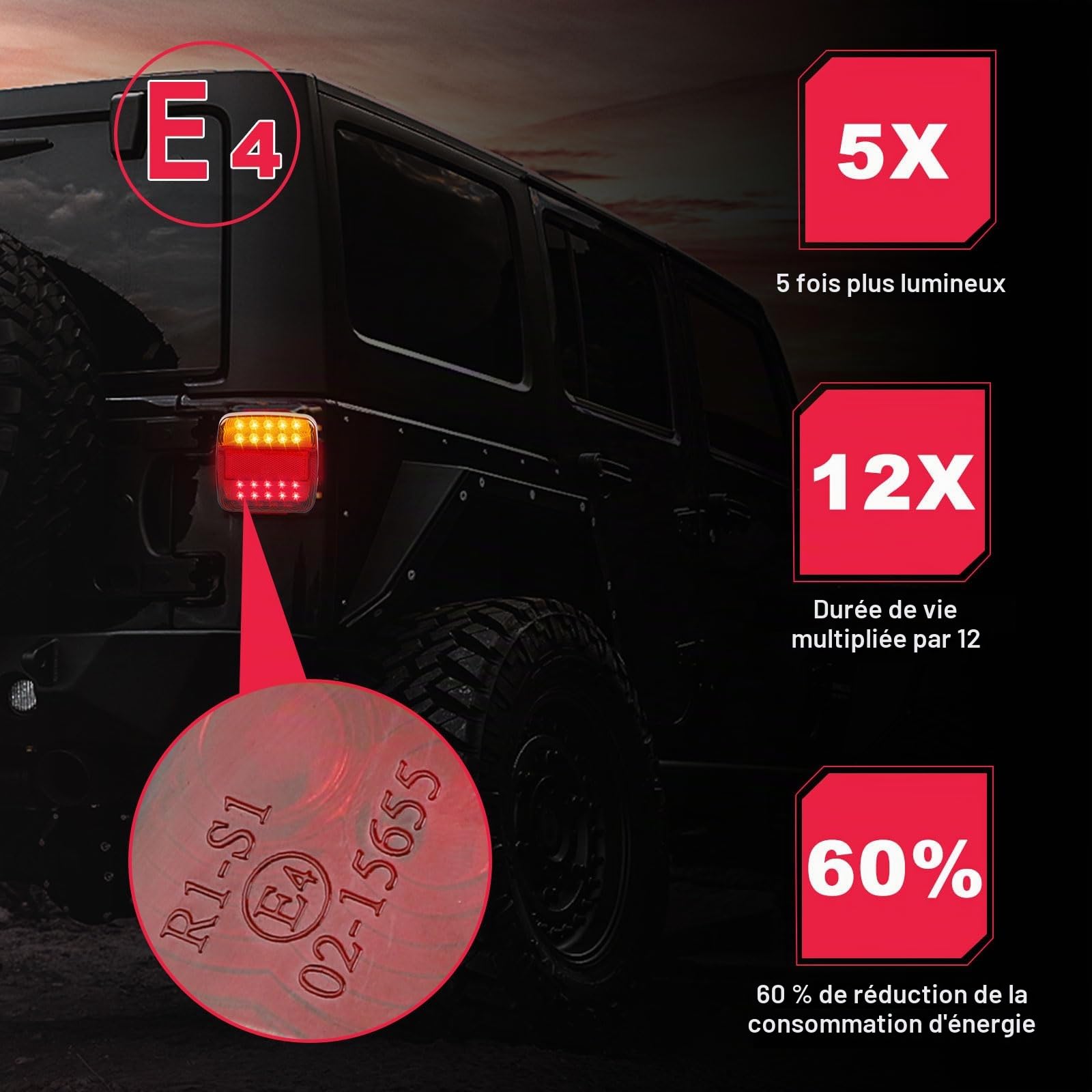 EXLECO 2 X Feux de Remorque LED 12V Feu Arriere Remorque Étanche Feux Arriere Remorque de Lumière Feux Arrière 26 LED Éclairage Remorque LED avec ECE E-Mark LED Feux Remorque pour Camion Tracteur