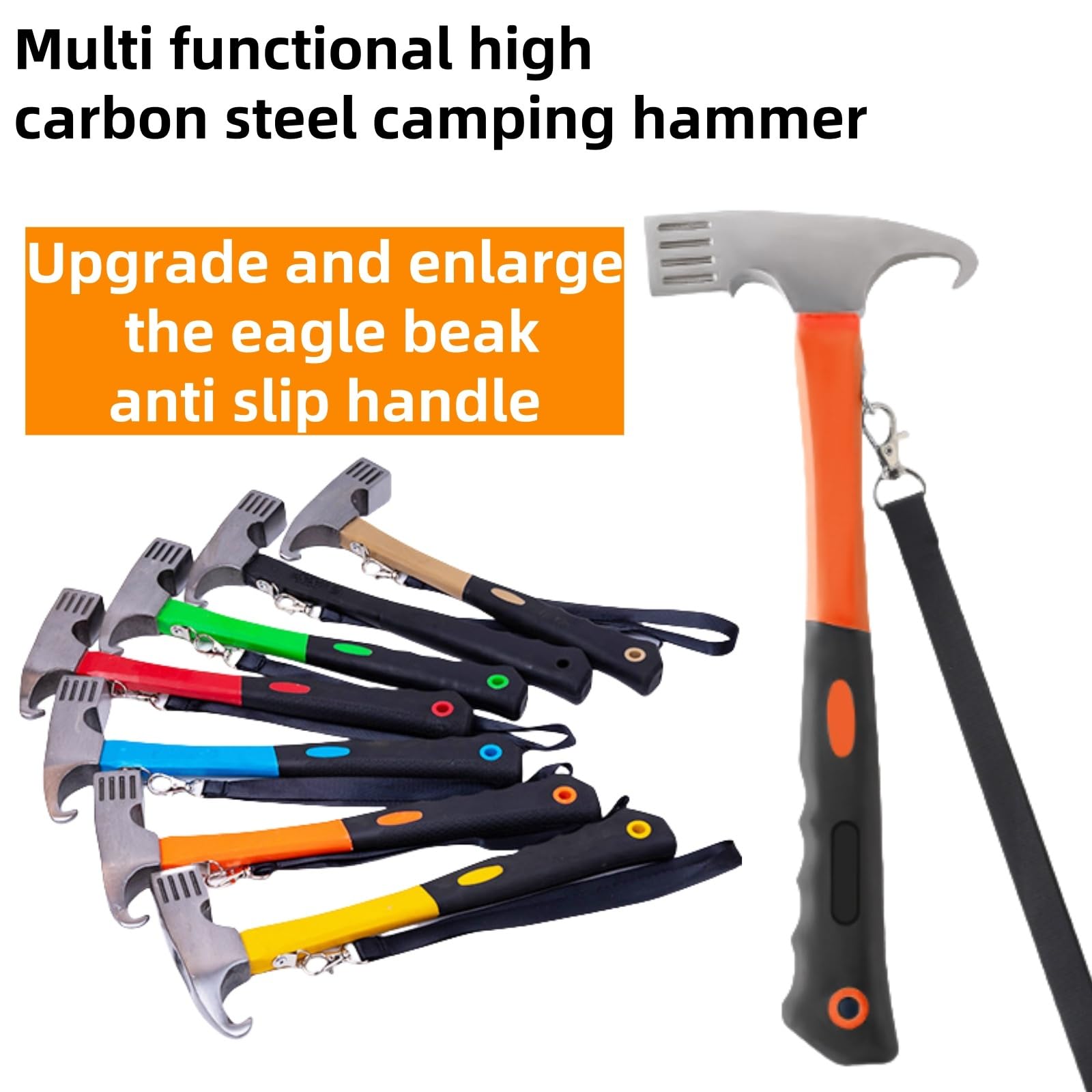 Marteau de camping, extracteur de piquets de tente en acier à haute teneur en carbone, 30,5 cm, multifonction, pour extérieur, piquet, orange