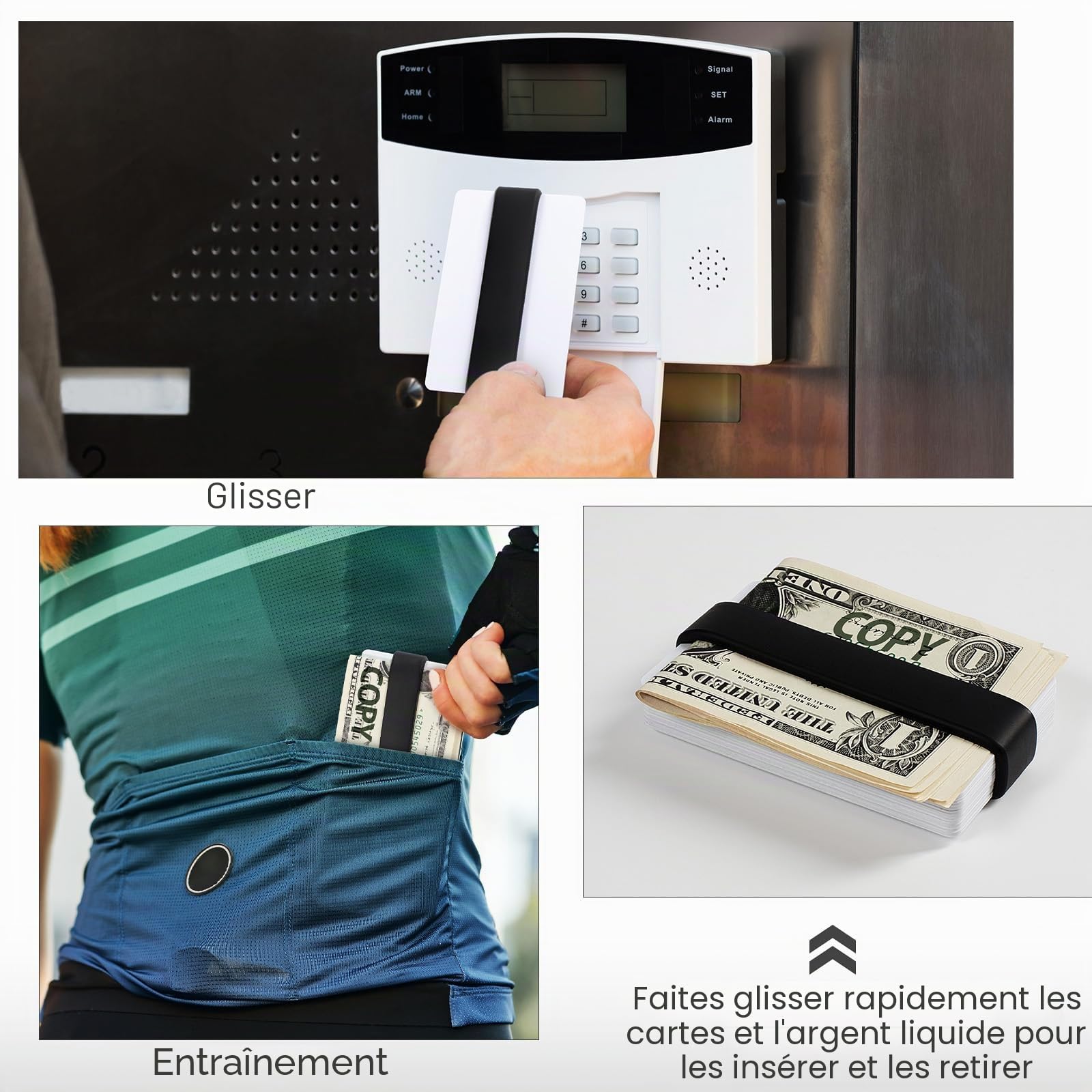 Lot de 8 bandes élastiques en silicone pour billets et cartes bancaires - Avec 4 cartes en PVC - Noir