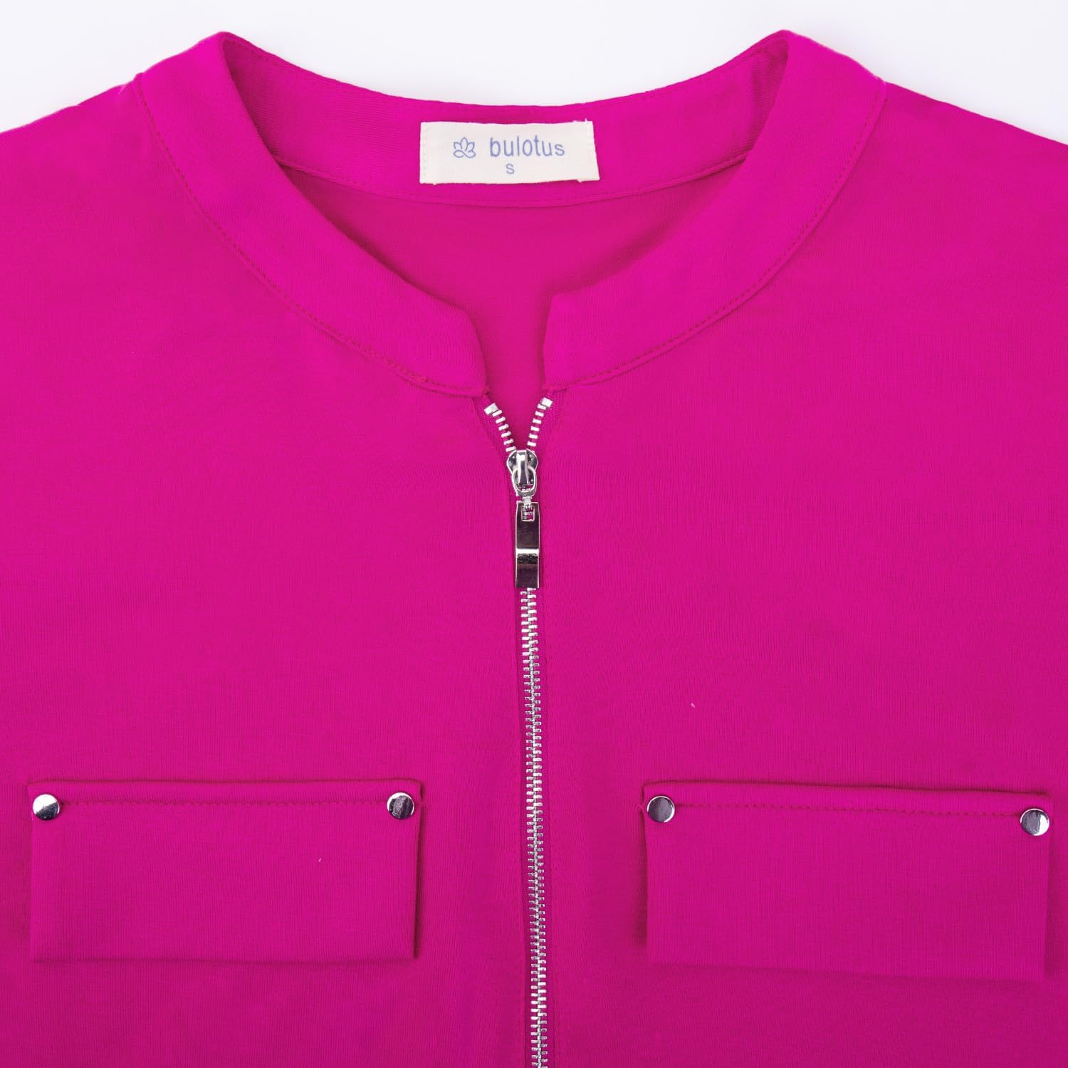 Bulotus Women's Zip Front V-Neck Short Sleeve Work Casual Top Blouse Shirt (Solid and Plaid) - Image 5