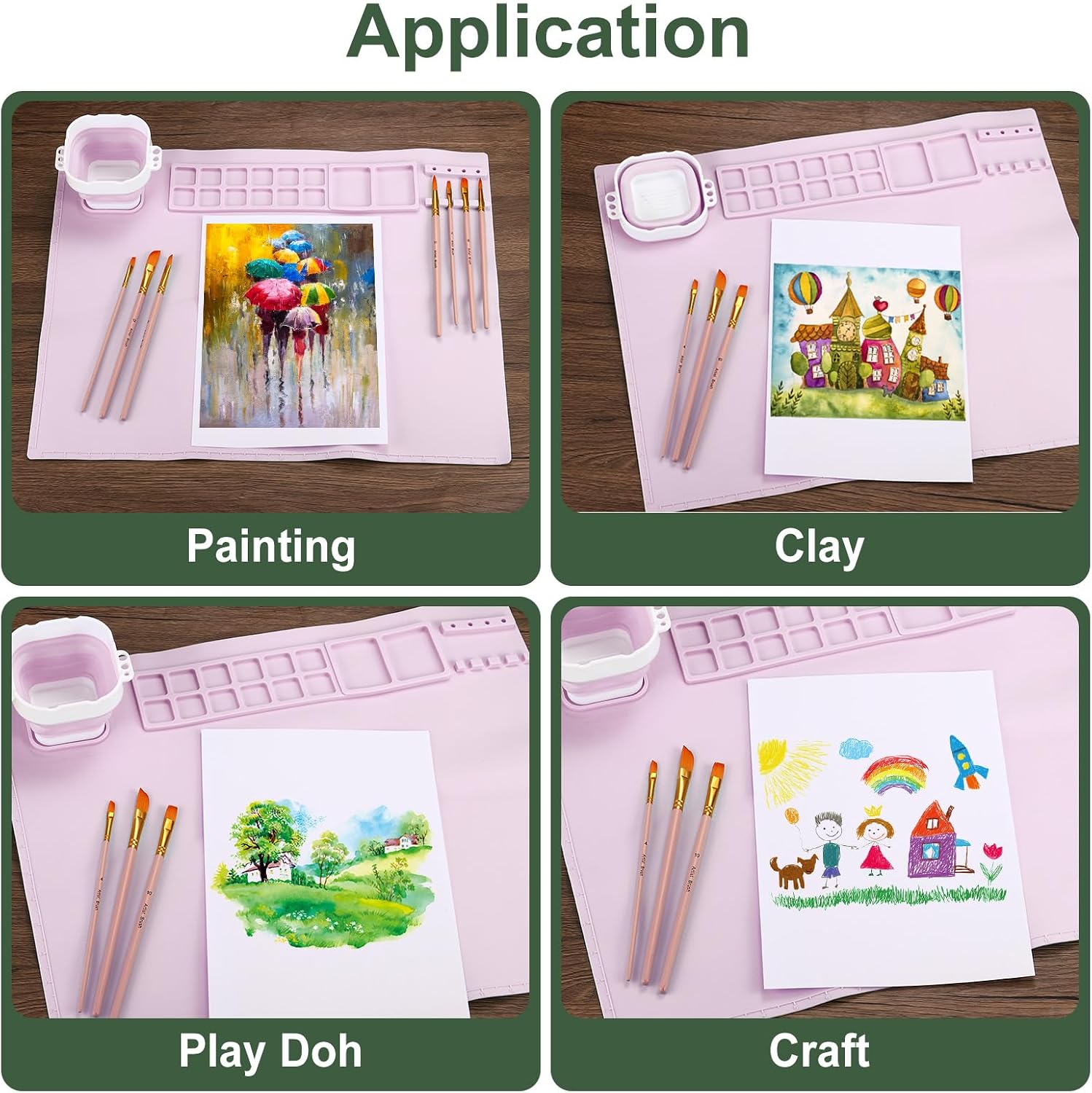 YOKIVE Silicone Painting Craft Mat, 2-Pack, Pink, Square, Foldable, With Cup & Pen Holder, Great for Resin Arts, Watercolor Painting