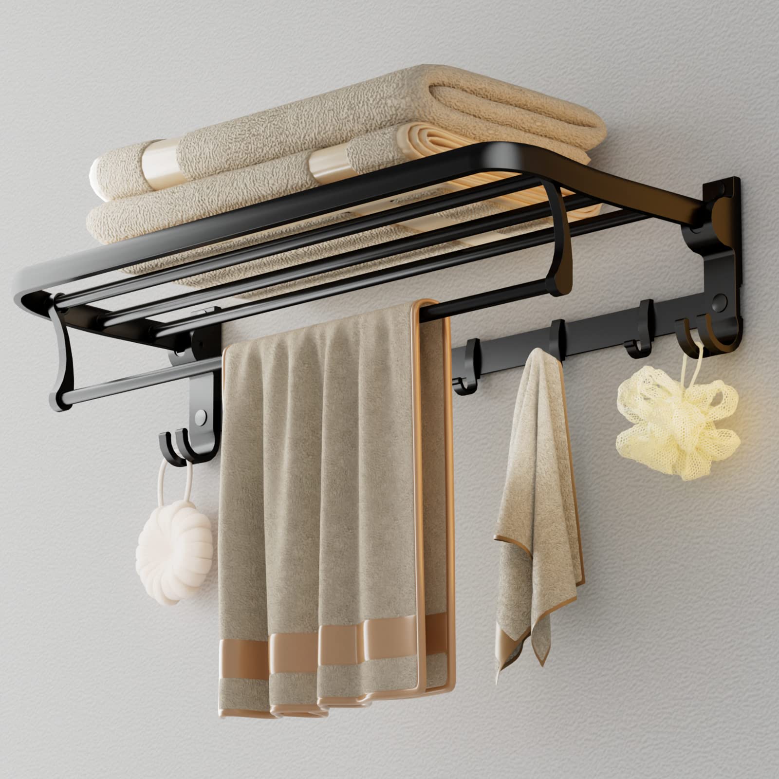 Photo 1 of 24 Inch Towel Rack with Towel Bar Foldable Towel Shelf with 5 Movable Hooks Rustproof Bathroom Towel Storage Matte Black Matte Black 24 Inch