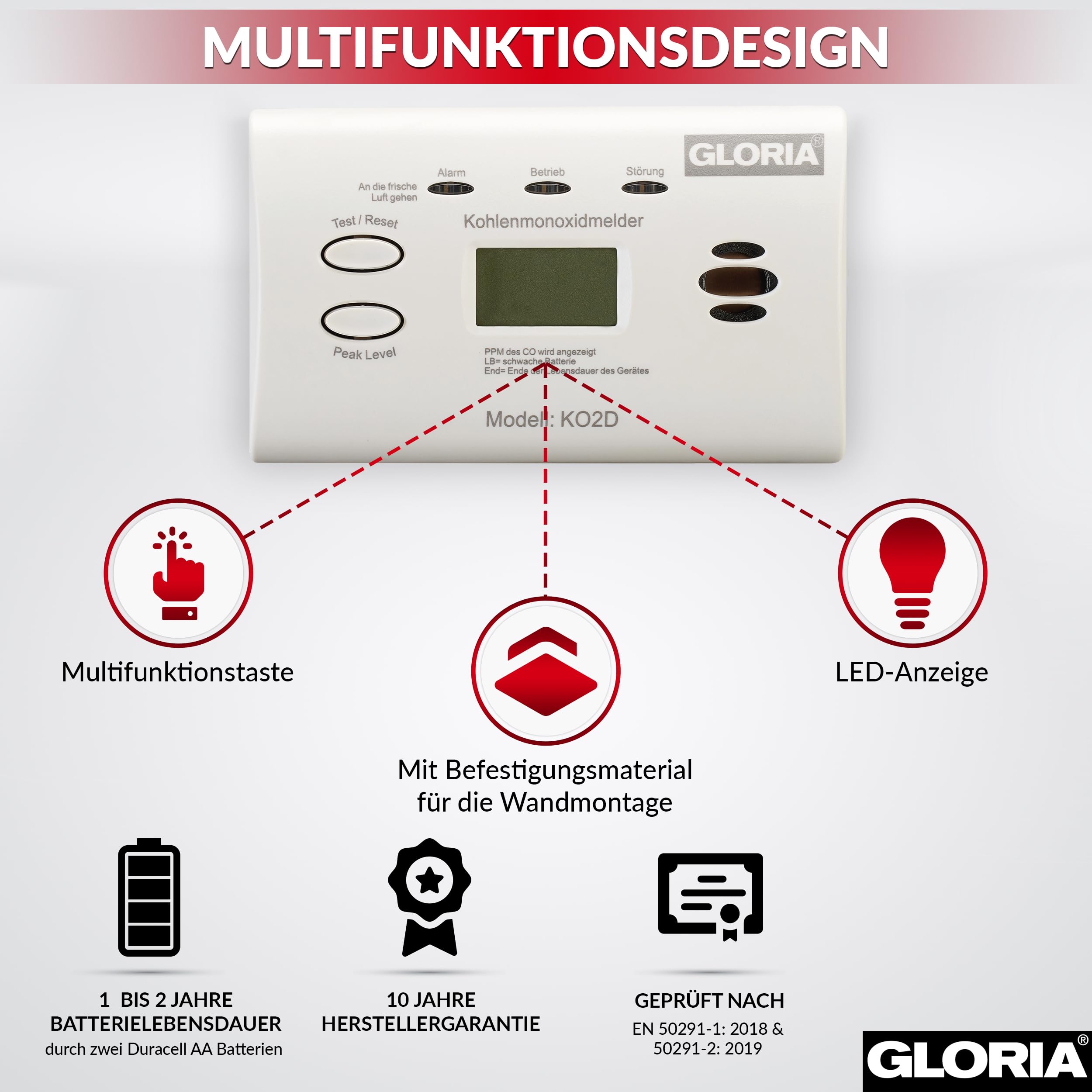 Gloria 2X KO2D Kohlenmonoxidmelder mit 10 Jahren Garantie und wechsebaren AA Batterien
