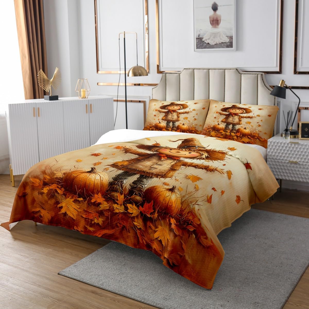 Erosebridal Autumn Farm Bedspread for Kids Boys Girls Scarecrow Fall Harvest Quilt Set Queen Pumpkin Maple Leaf Print Coverlet Set Brown Retro Bed Sets Room Decor