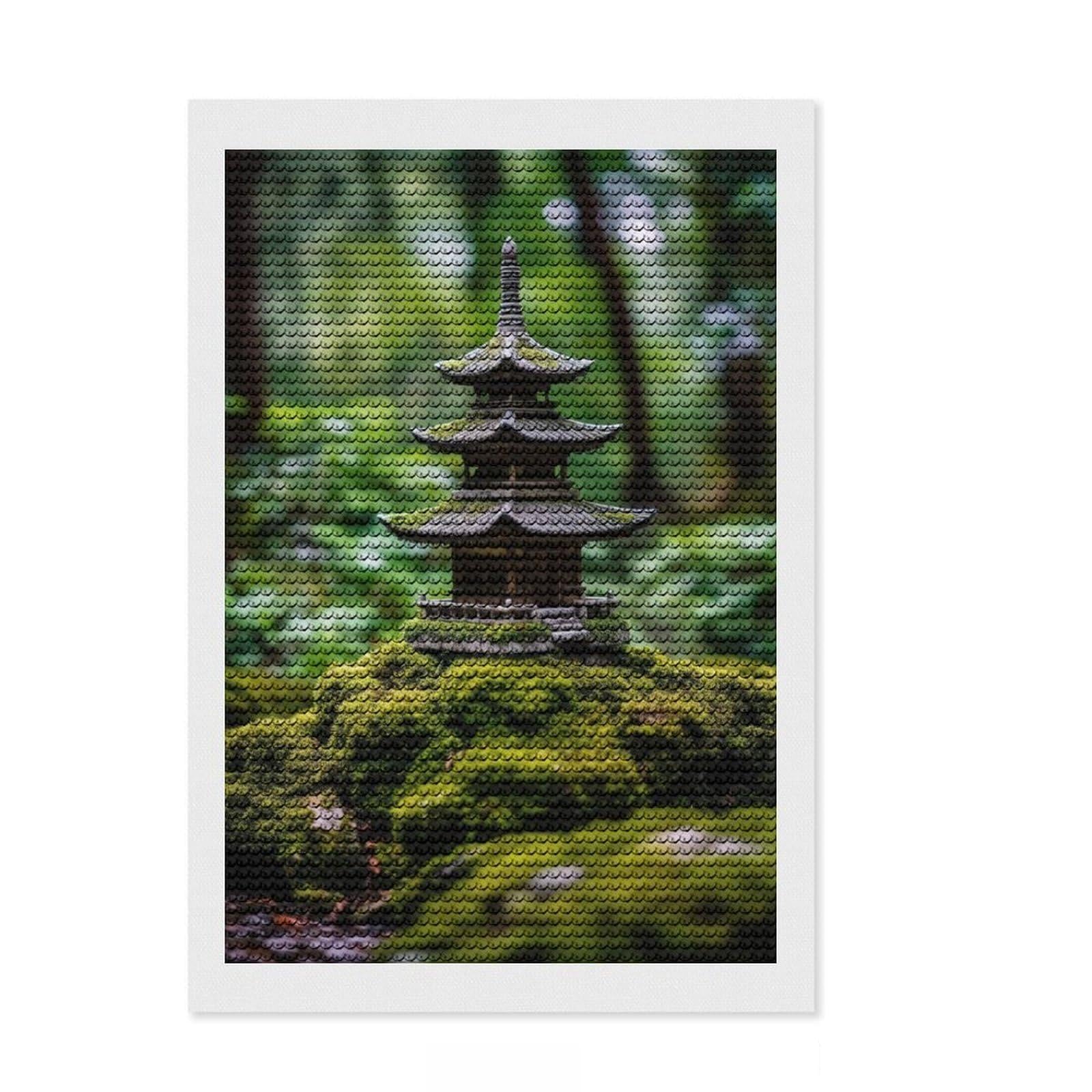 Junmoney Zen Japanese Pagoda Temple Diamond Art Kit 8"x12", for Craft Lovers, Sparkling Round Gems, Gift Idea, Living Room Decor, Decorate Your Room