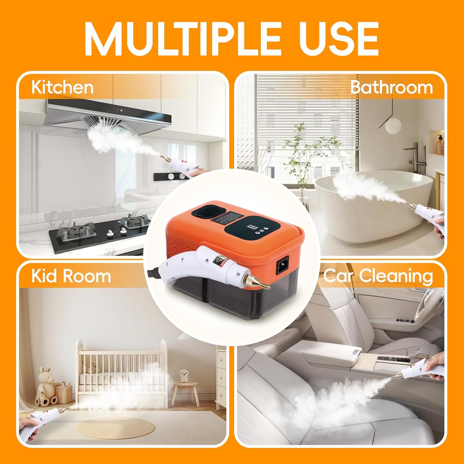 Heavy Duty Handheld Steam Cleaner, 15s Heat-Up, 9-Level Adjustable 2500W Pressurized Steamer for Cleaning with 14 Accessories, Multipurpose Portable Steam Cleanr for Home, Car, Grease, Grout（Orange） - Image 7