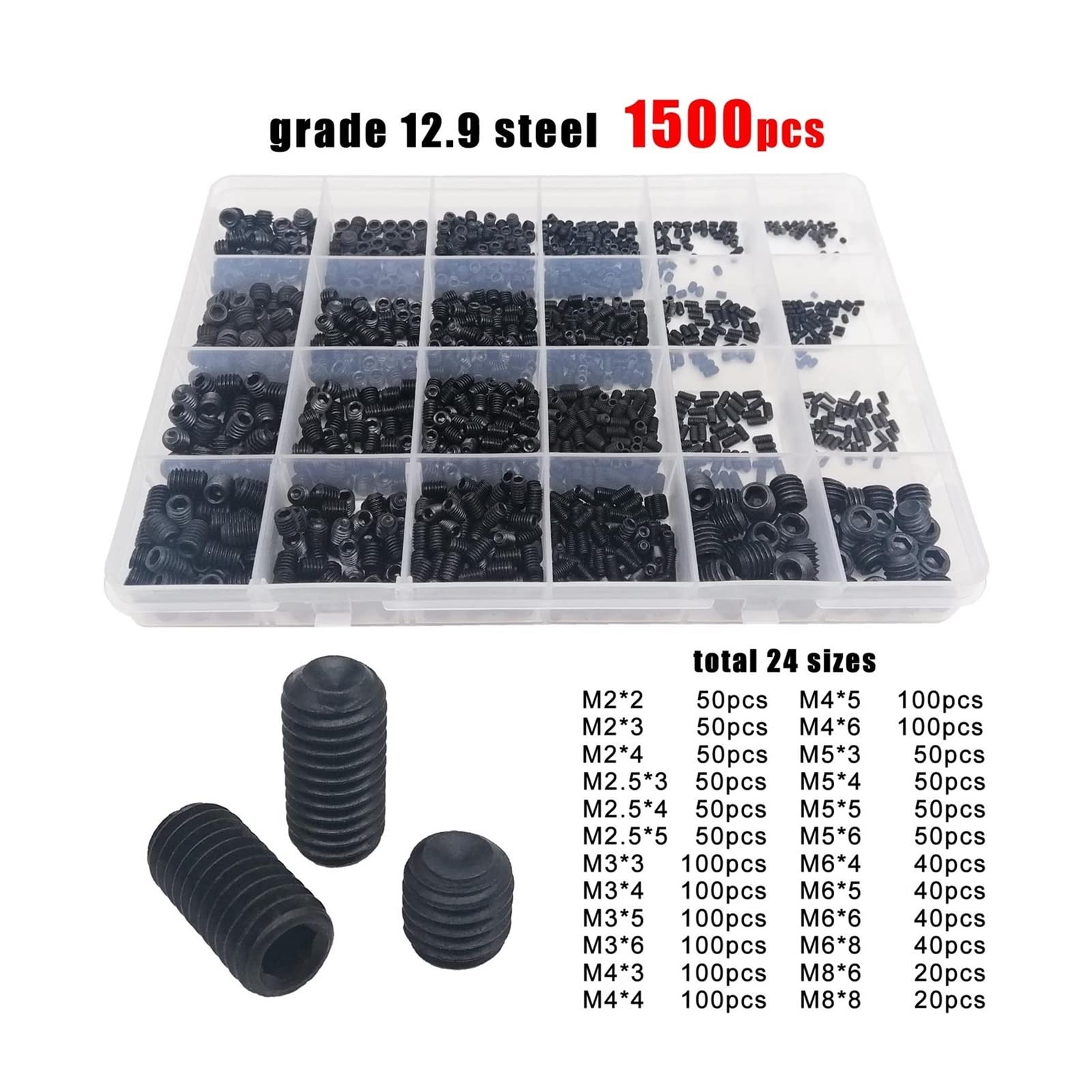 500/1500X M2 M2.5 M3 M4 M5 M6 M8 304 Edelstahl Schwarz Innensechskant Innensechskant Innensechskant Cup Point Madenschraube Stellschraube Kit Box (Size : Black Steel 1500pcs)