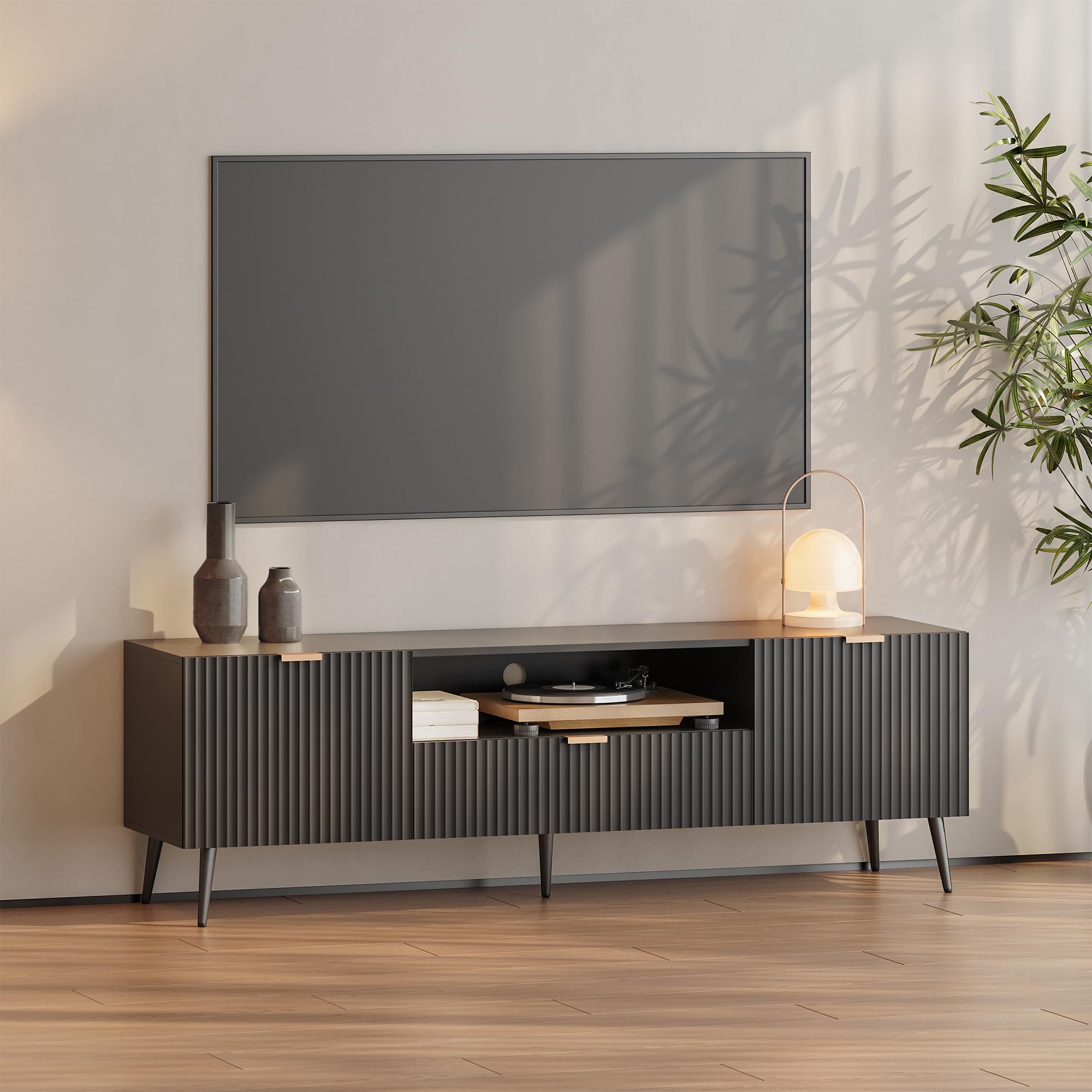 [en.casa] TV Schrank Nand Lowboard mit 2 Türen geriffelt Fernsehschrank mit Schublade 160 x 40 x 51 cm Sideboard Kommode Fernsehtisch Schwarz
