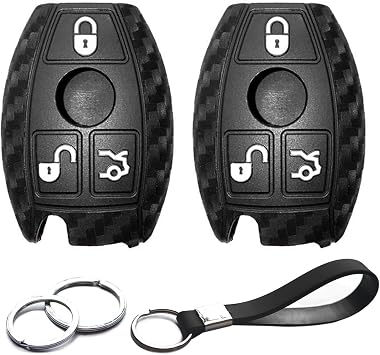 2pcs Compatible with Mercedes Benz C CLK CL E GL GLK ML R S SL SLK Class Smart Key Fob Cover Case Key Chain Carbon Fiber Looks Rubber Protector Keyless Remote Holder Jacket