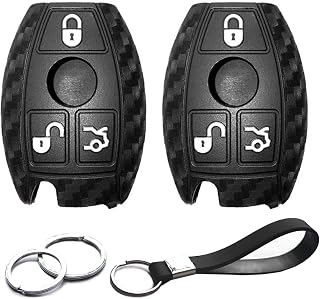 2pcs Compatible with Mercedes Benz C CLK CL E GL GLK ML R S SL SLK Class Smart Key Fob Cover Case Key Chain Carbon Fiber Looks Rubber Protector Keyless Remote Holder Jacket