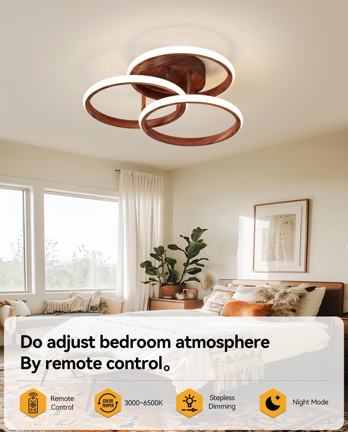 Dimmable LED Semi Flush Mount Ceiling Light Fixture with Remote Control 3-Color Dimming Circle Modern Chandelier, Close to Ceiling Bedroom Kitchen Hallways Balcony Corridor Lamp (15in- 3 Ring Wood)