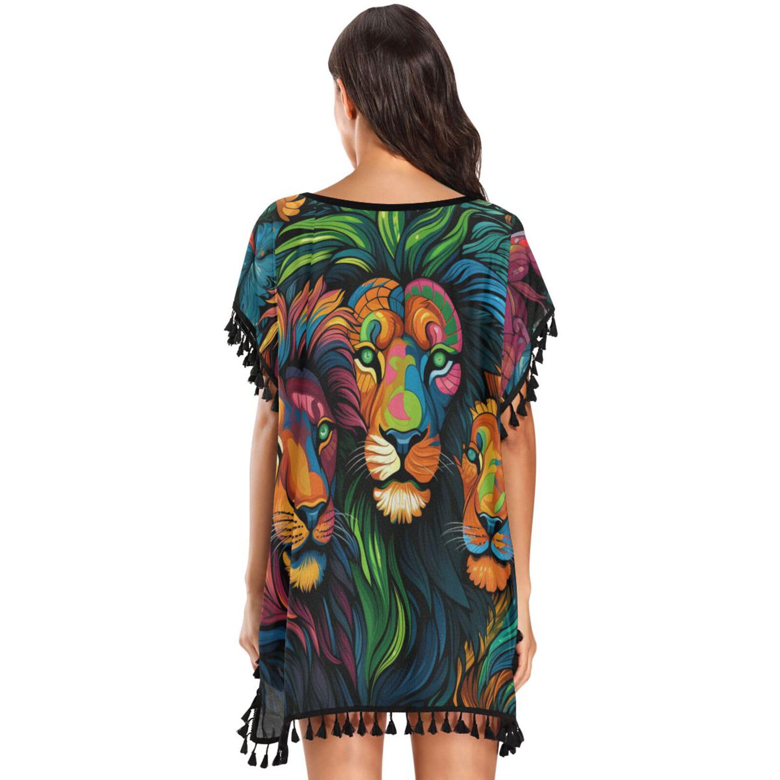 Colorful Art Lions Women's Beach Cover Up Chiffon Tassel Swimwear Swimsuit Coverups for Girl