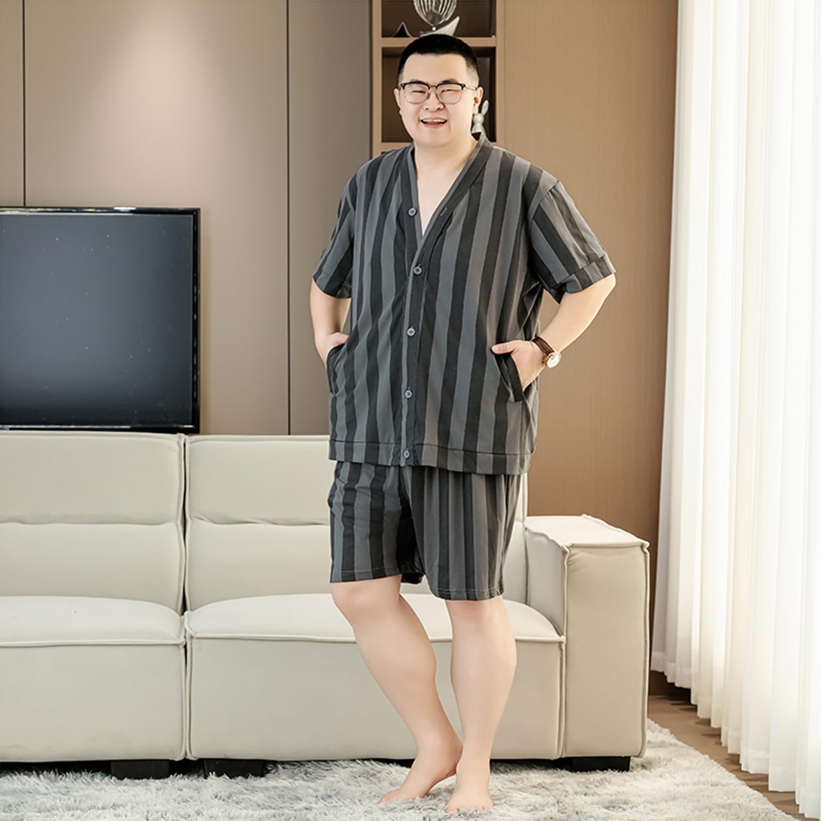 Pigiama di Cotone per Gli Uomini Pantaloncini Set PJ Pigiameria Uomo Button Up Pigiama Camicia e Pantaloni Corti