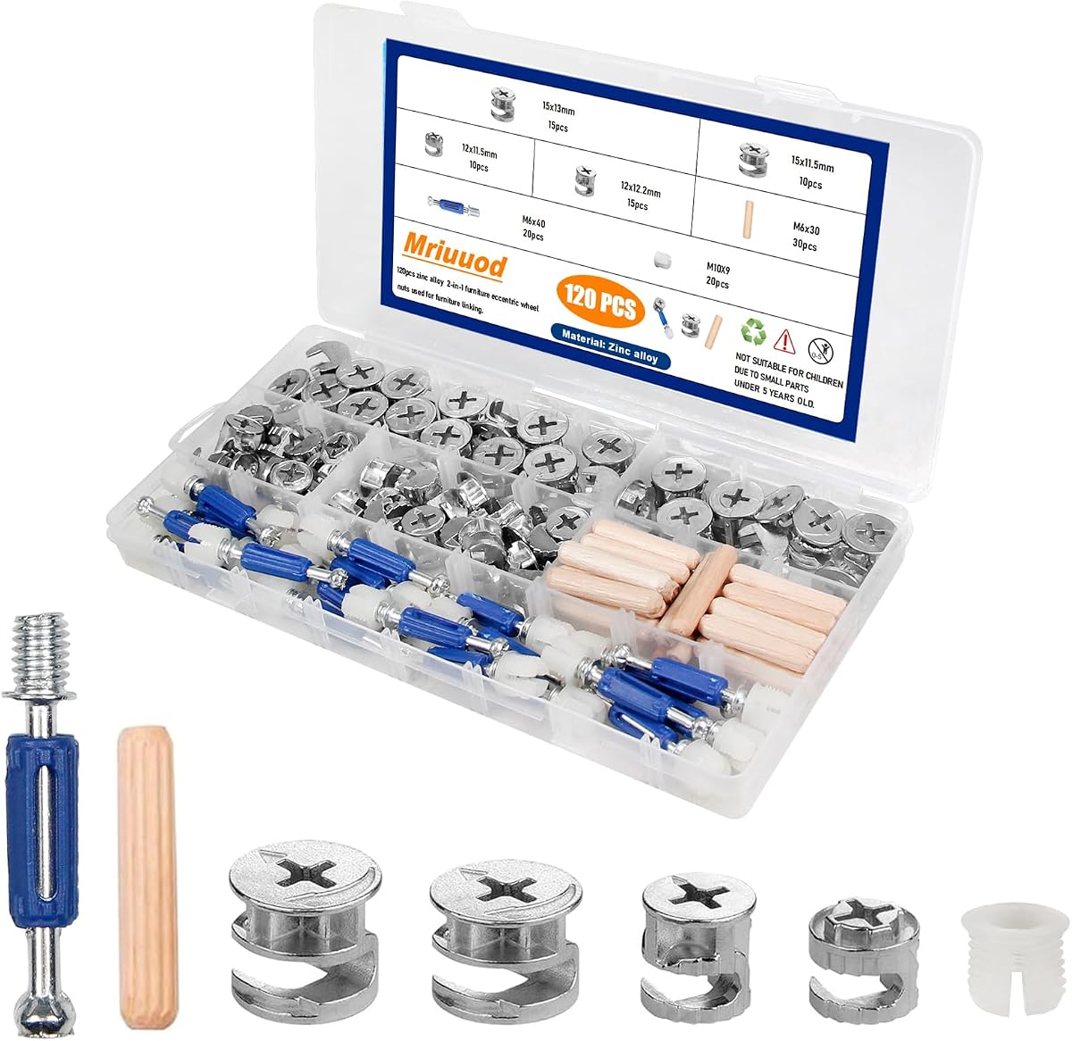 120Pcs 3 in 1 Furniture Cam Lock Hardware Kit, Eccentric Connectors | Wood Dowel Pins,Furniture Assembly Fasteners, Replacement Repair Hardware for Cabinet, Drawer, Closet, Wardrobe