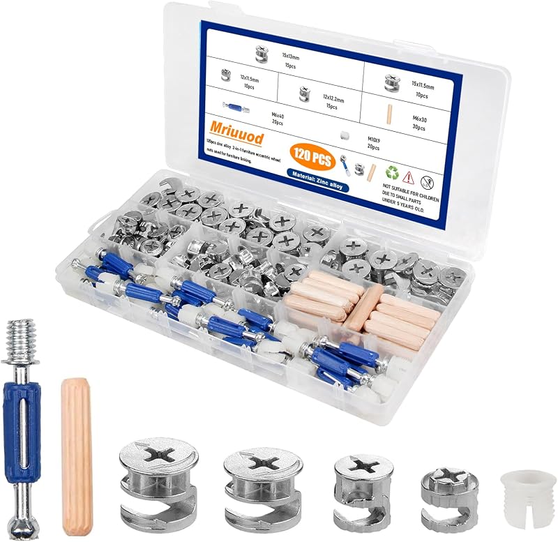 120Pcs 3 in 1 Furniture Cam Lock Hardware Kit, Eccentric Connectors | Wood Dowel Pins,Furniture Assembly Fasteners, Replacement Repair Hardware for Cabinet, Drawer, Closet, Wardrobe