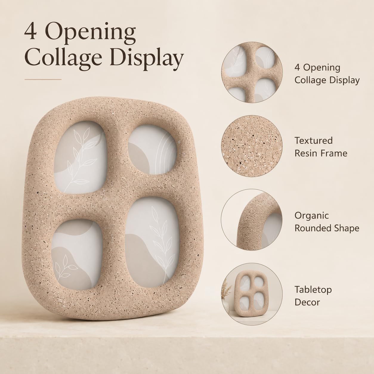 Wabi Sabi Resin Photo Frame, 4 Opening Collage Decor for Shelf and Tabletop