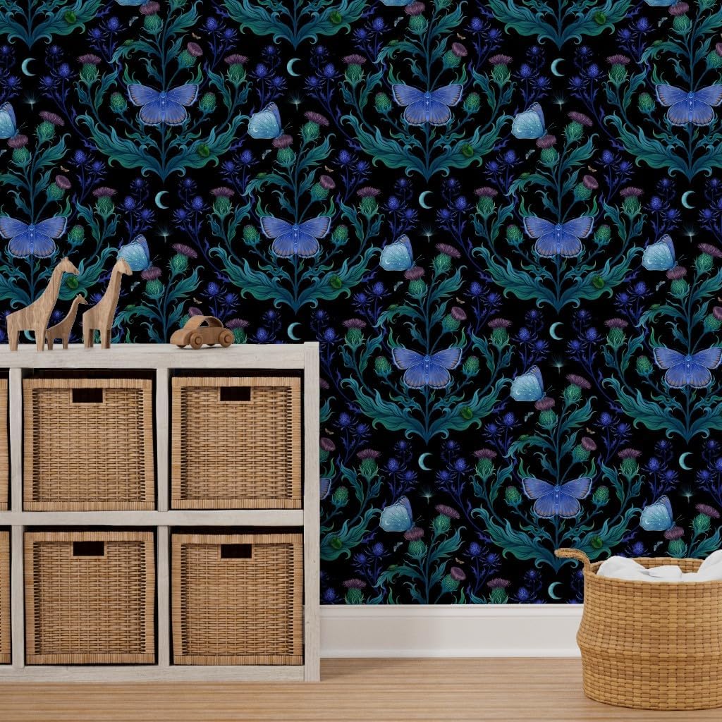 Spoonflower Removable Wallpaper 3ft x 2ft - Thistle Flowers Butterfly Dark Art Nouveau Moody Custom Pre-Pasted Wallpaper