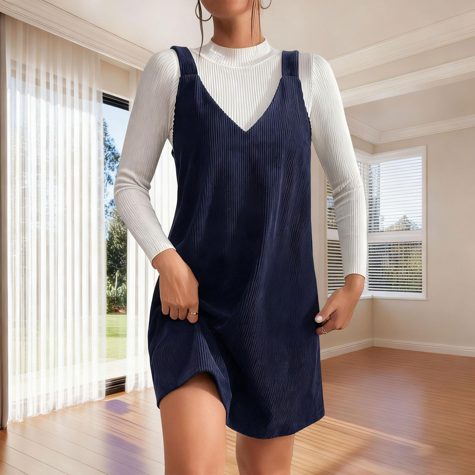 Latzkleid Damen Winter Kurz Kleid Damen Cord A Linie Winterkleid V Ausschnitt Elegant Overallkleid Ärmellos Cordkleid Latz Frühlingskleid Frauen Latzrock Herbstkleid Einfarbig Damenkleider