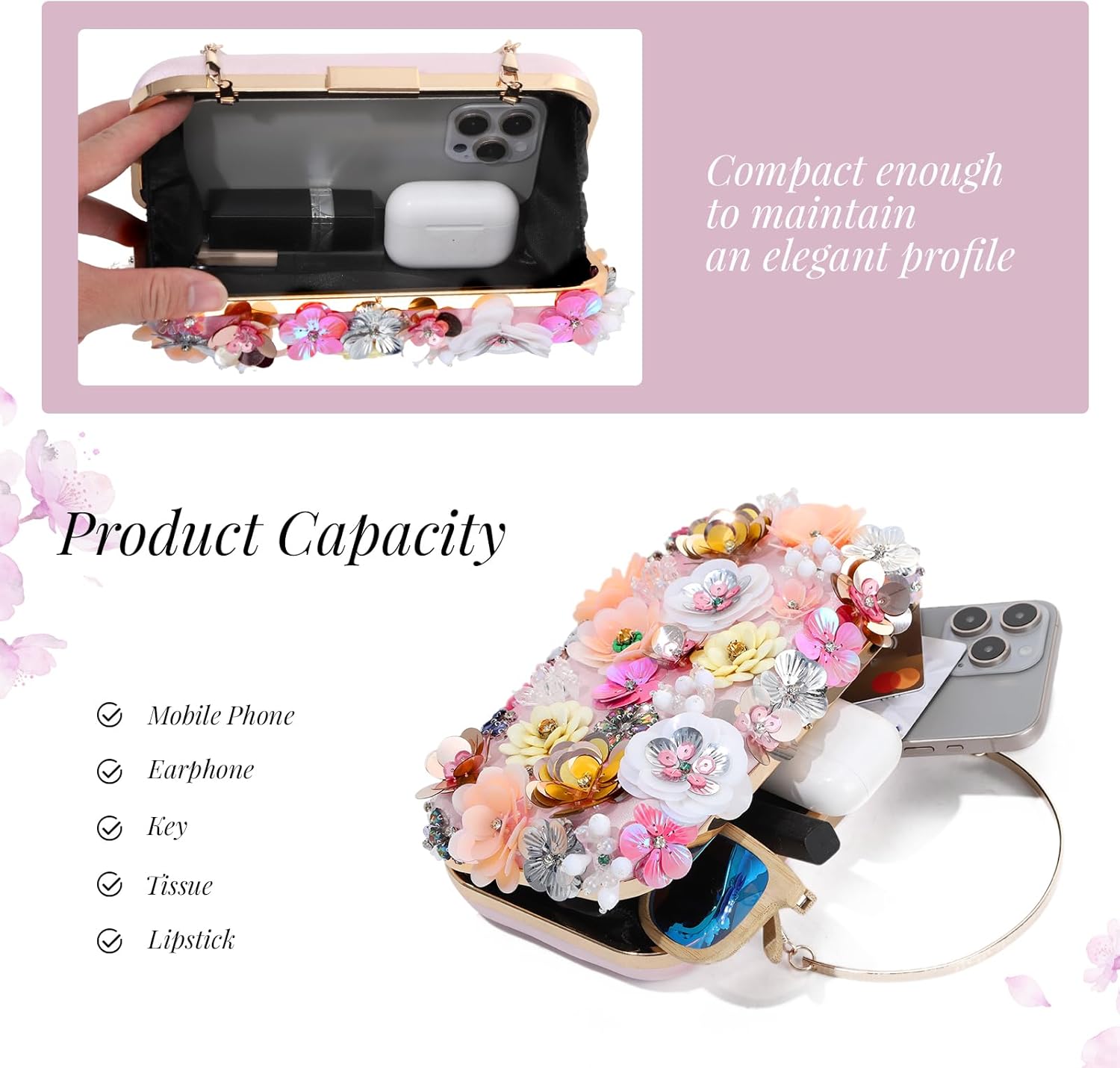 Emprier Flower Clutch Purses for Women Floral Beaded Evening Handbag with Chain for Wedding Party