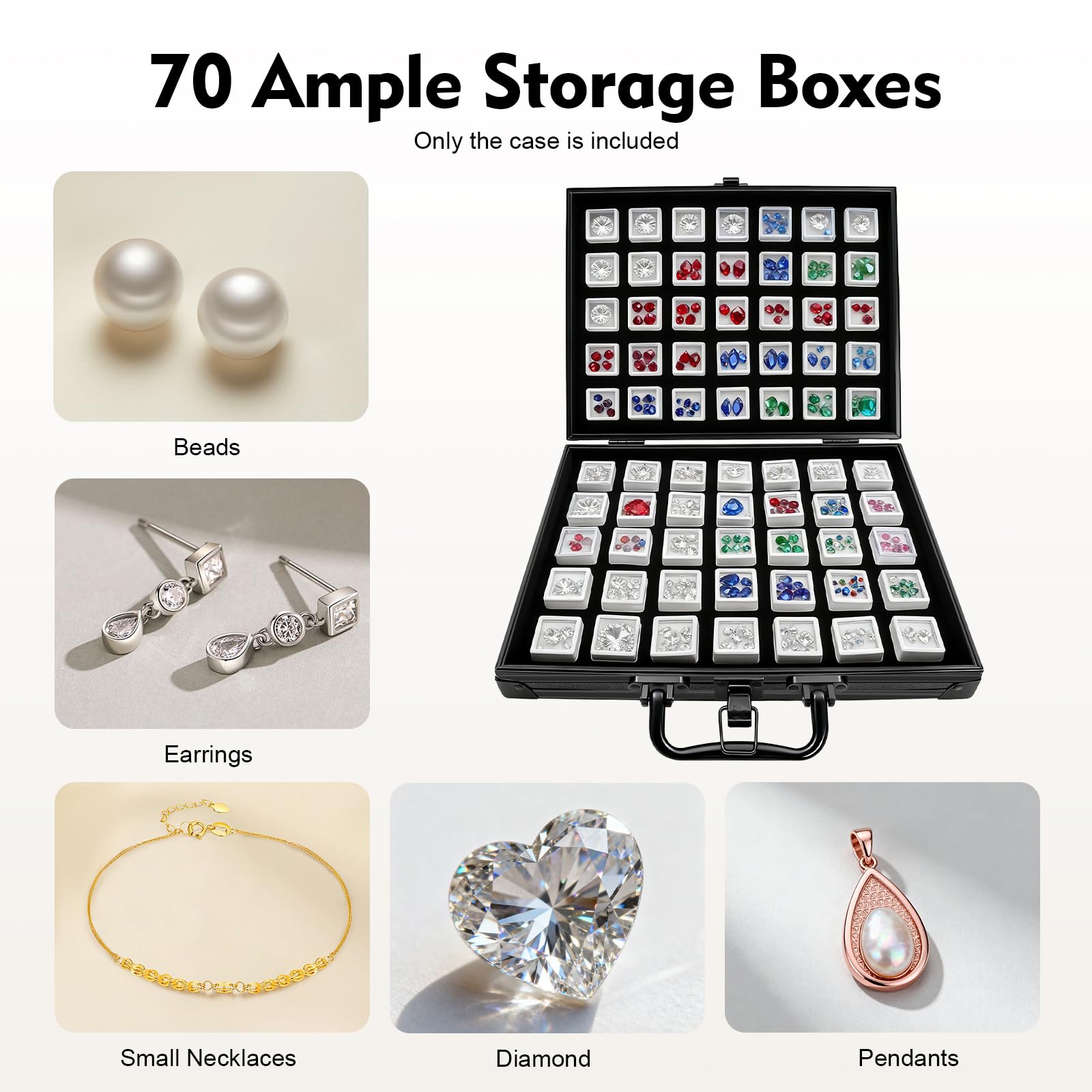 70 Gitter Edelstein Schaukasten, Gem Organizer mit Schwammatte Durchsichtige Deckel Schmuck Aufbewahrungsbox Schmuckbehälter Diamant-Vitrine