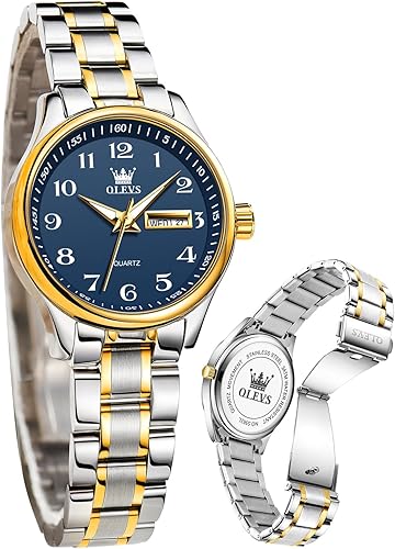 OLEVS Reloj de mujer con diamantes de oro, clásico, elegante, de acero inoxidable, impermeable, fecha de día