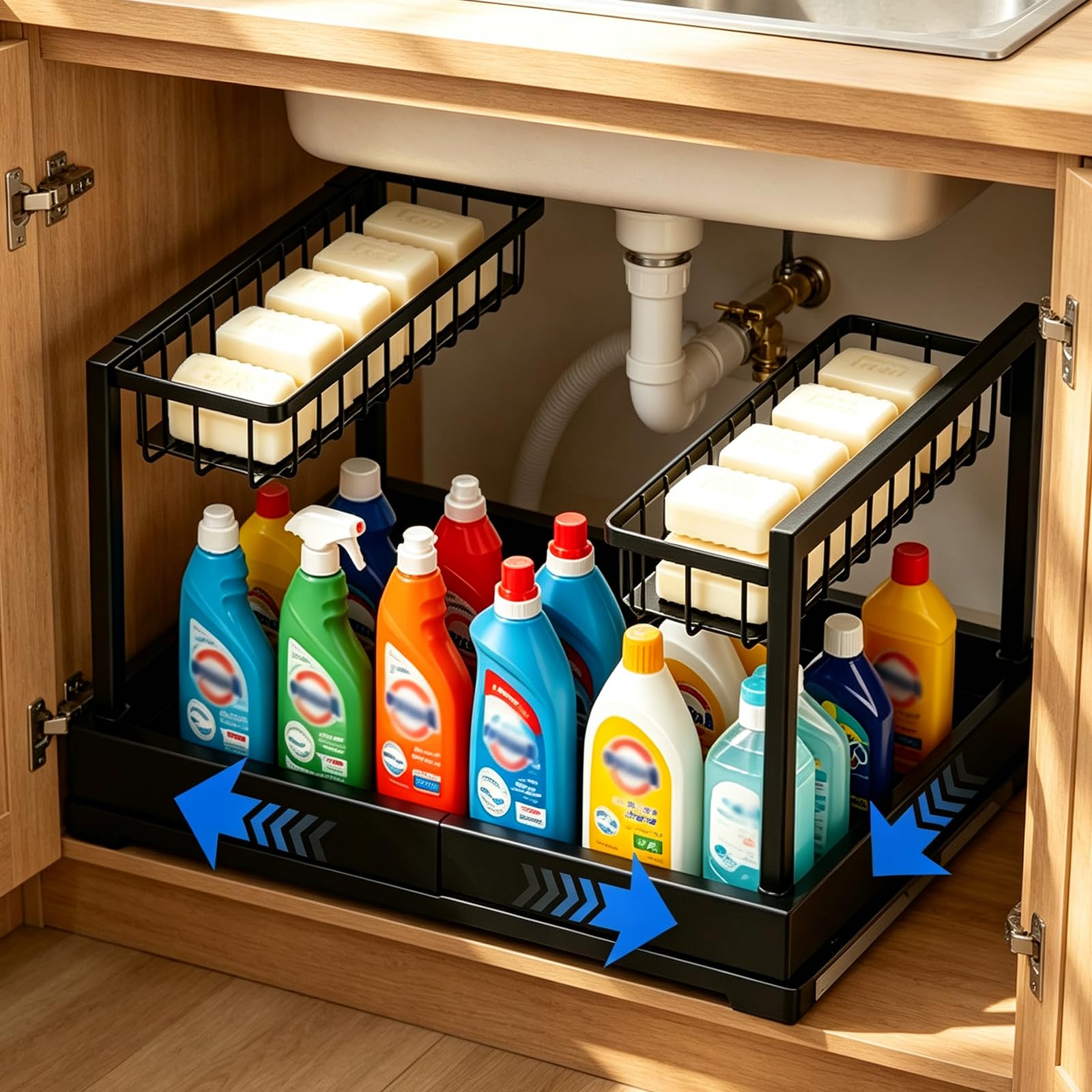 Organizzatore portaoggetti sotto il lavandino, organizer estraibile da cucina per sotto l'armadio, bagno