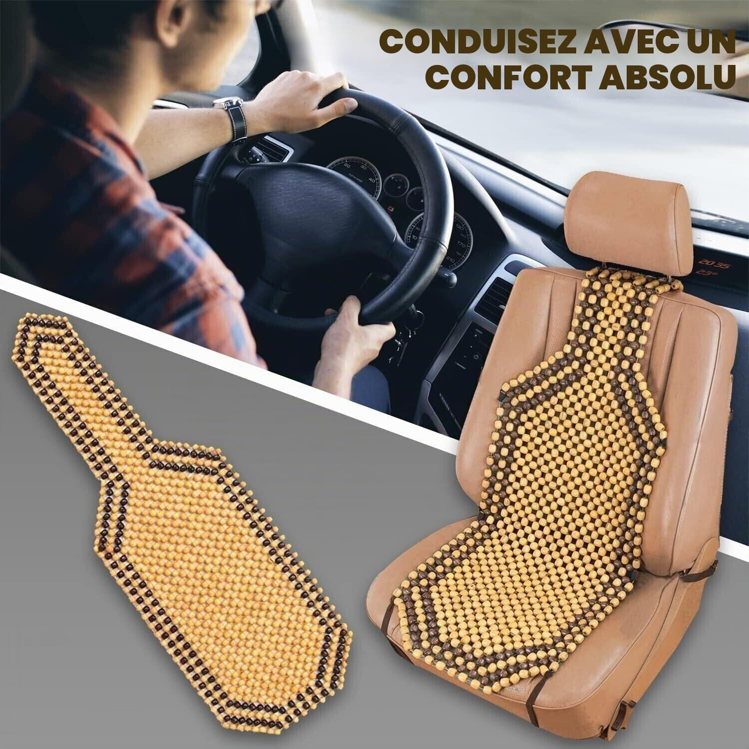Générique Couvre-siège Auto en Billes de Bois Housse de Siège Confort Massage Coussin Boules Beige Coussin d'assise à Perles en Bois Nature pour Voiture Universel