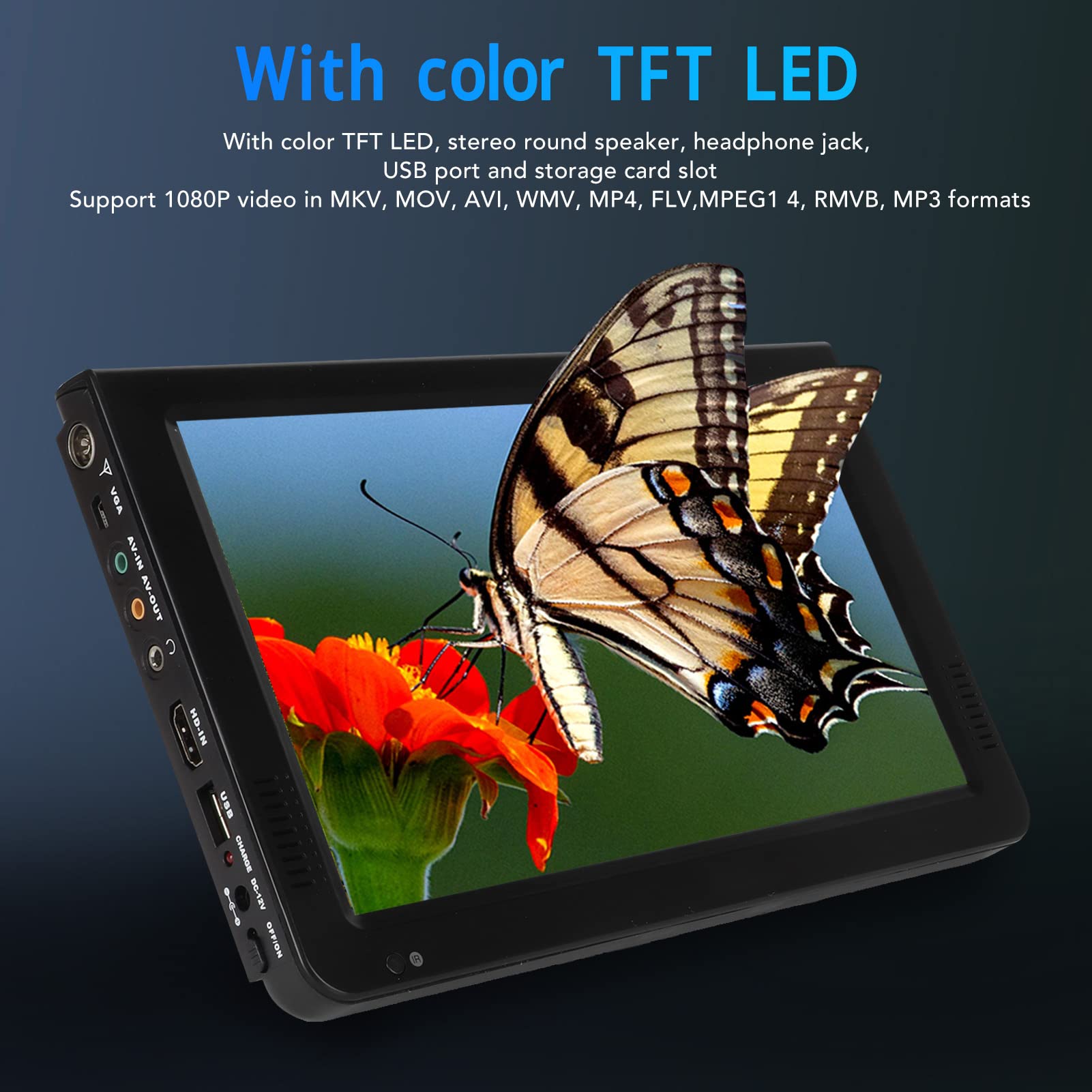 Televisor Digital Portátil de 10 Pulgadas, DVBT/T2 16:9 TFT LED 1080P, Reproductor de Vídeo HDMI con Ranura, Batería Recargable de 1500 MAh, Entradas AV de 3,5 Mm USB SD TV